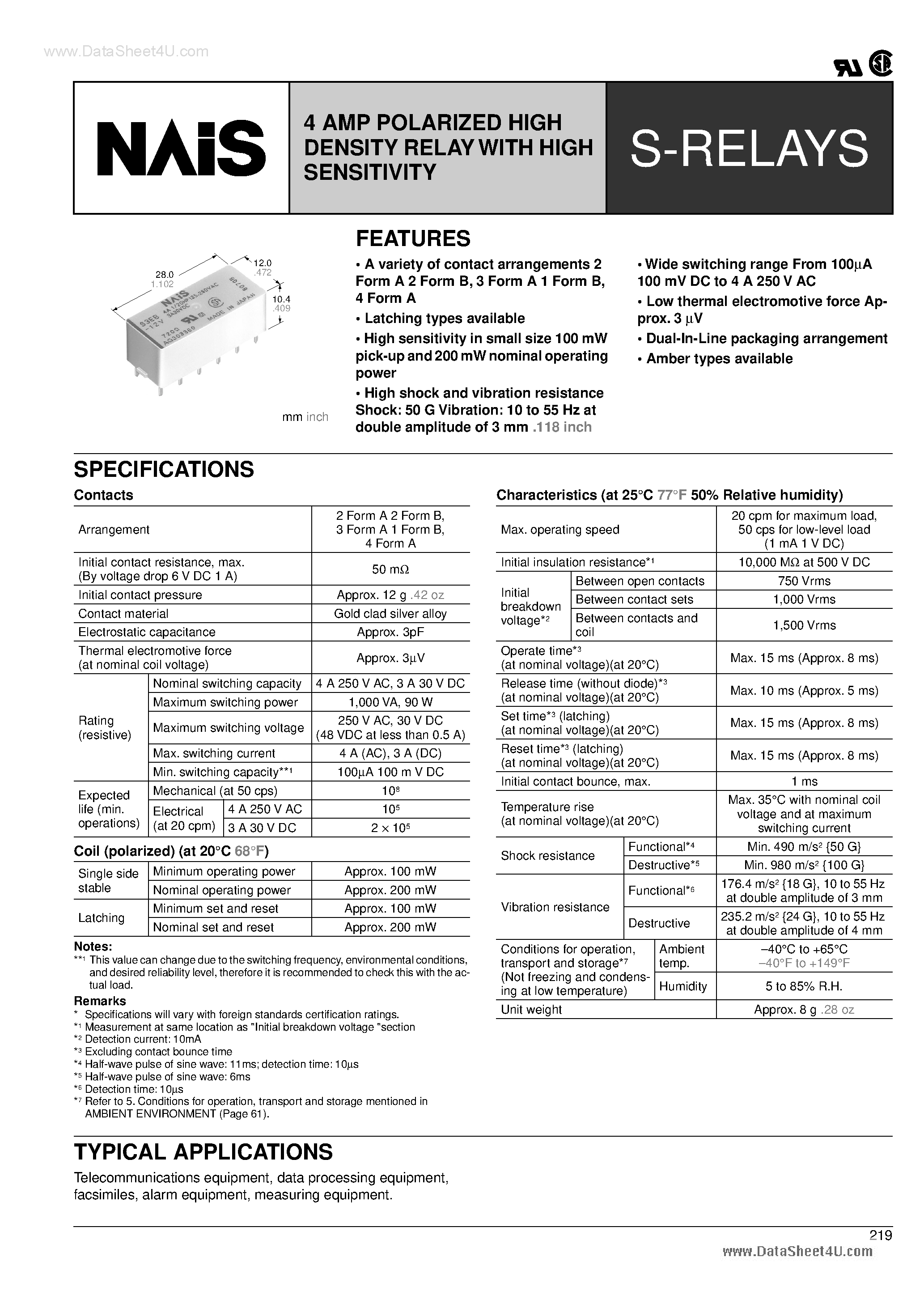 Datasheet S2EB - 4 AMP POLARIZED HIGH DENSITY RELAY page 1