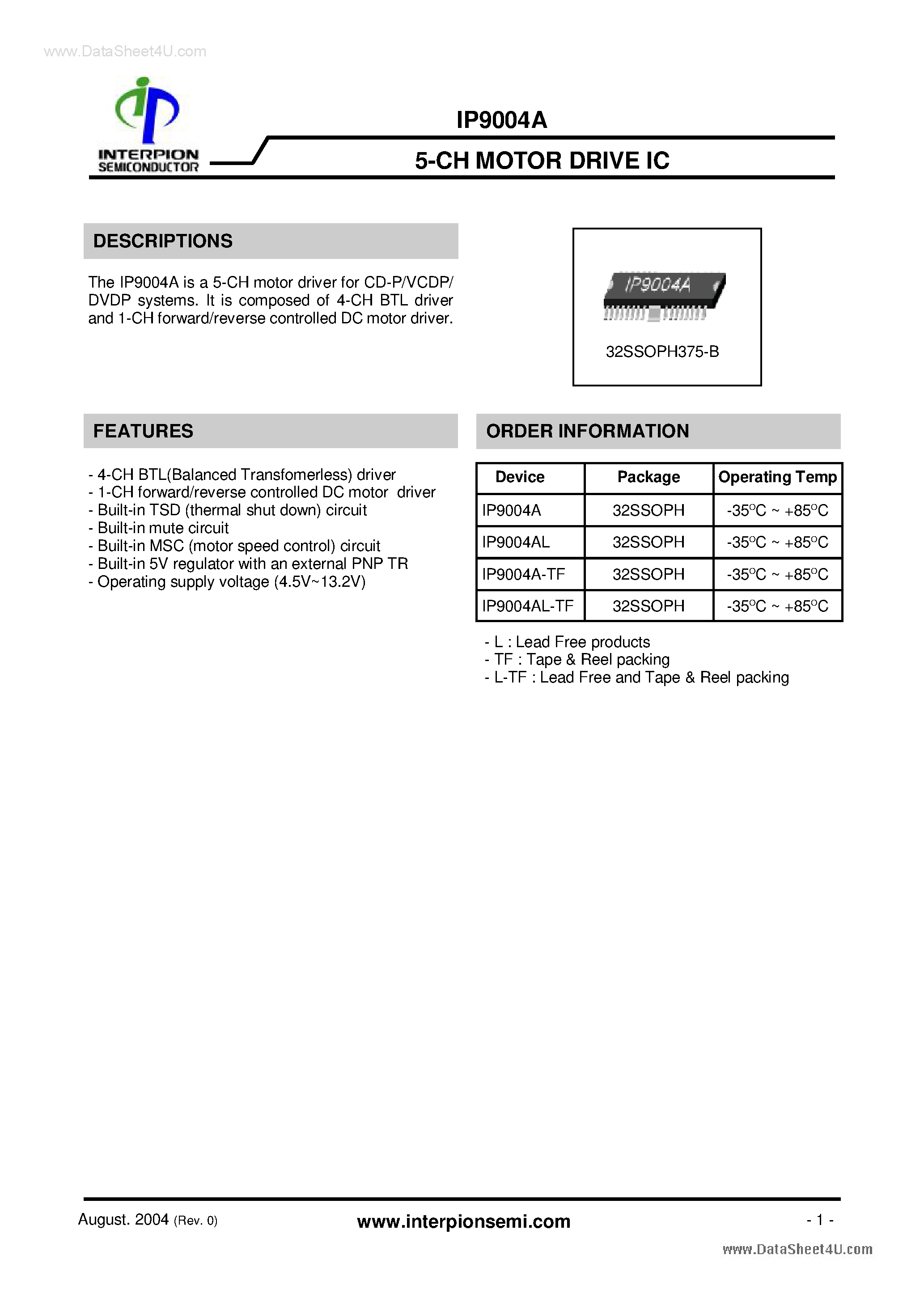 Datasheet IP9004A - 5-CH MOTOR DRIVE IC page 1