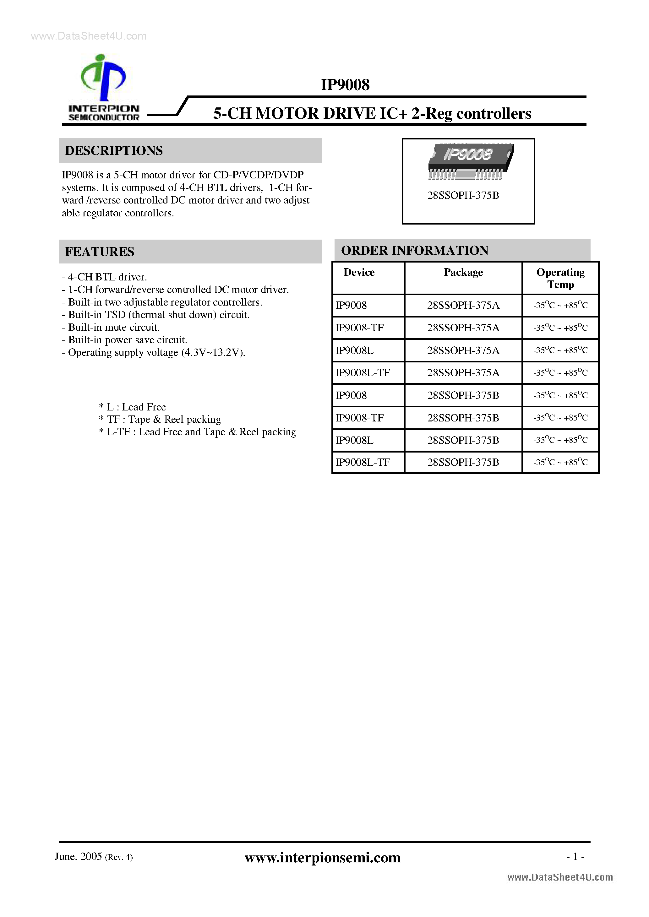 Datasheet IP9008 - 5-CH MOTOR DRIVE IC page 1