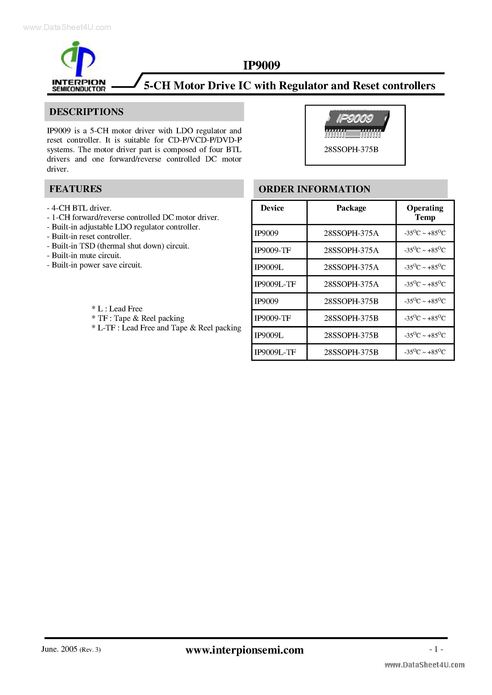 Datasheet IP9009 - 5-CH MOTOR DRIVE IC page 1