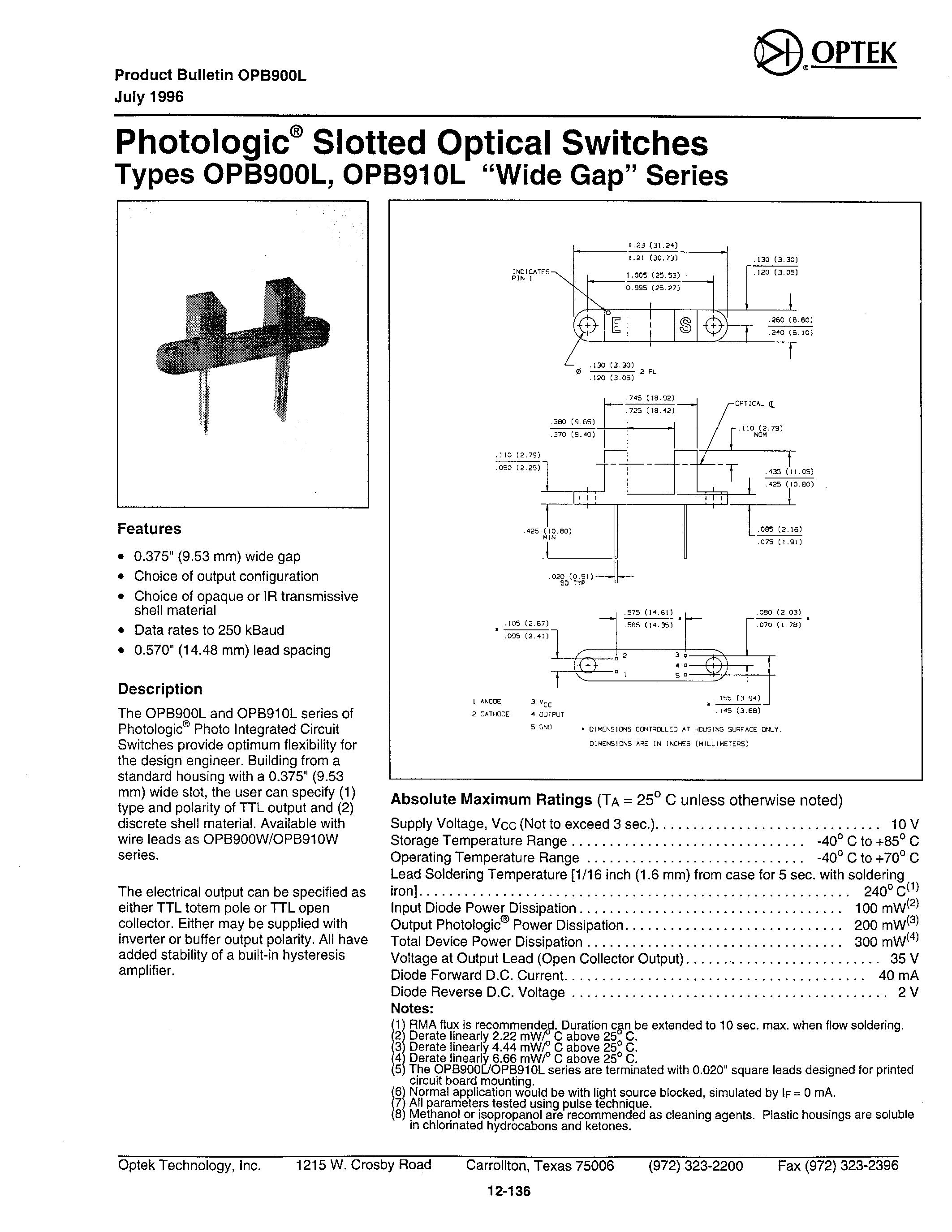 Даташит OPB900L - (OPB900L - OPB910L) Photologic Slotted Optical Switches страница 1