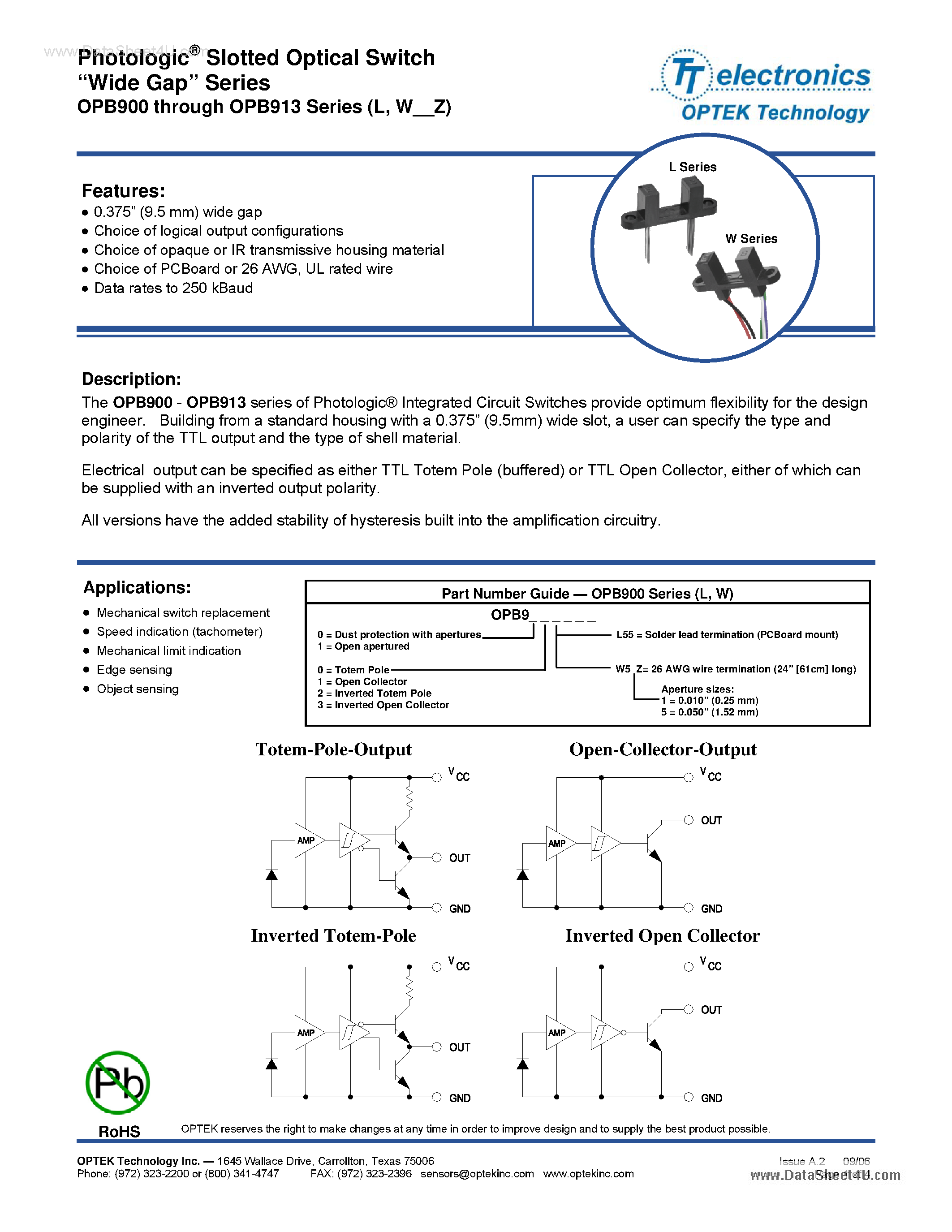 Datasheet OPB900 page 1 Datasheet OPB900 - (OPB900 - OPB913) Slotted Optical Switch page 1