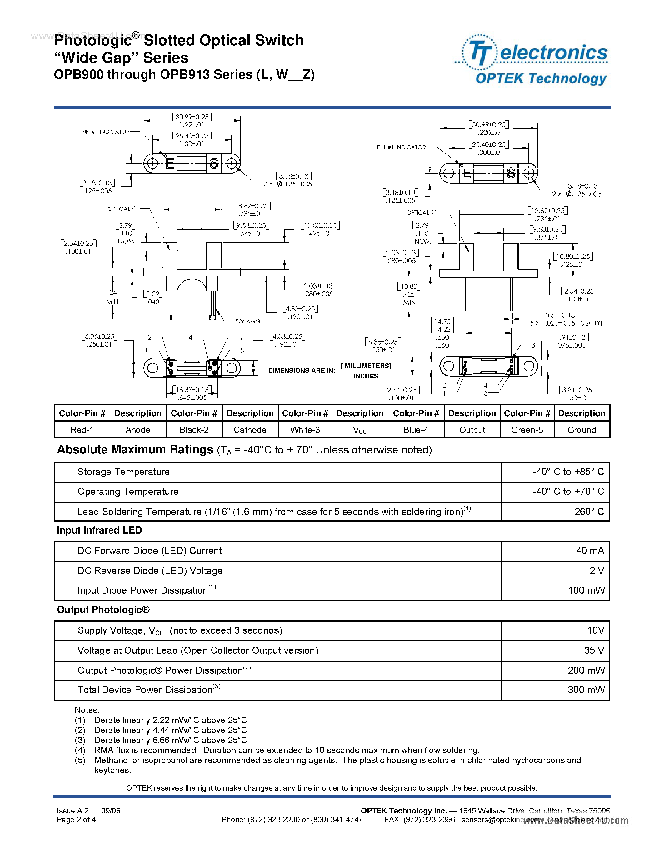 Datasheet OPB900 page 2 Datasheet OPB900 - (OPB900 - OPB913) Slotted Optical Switch page 2