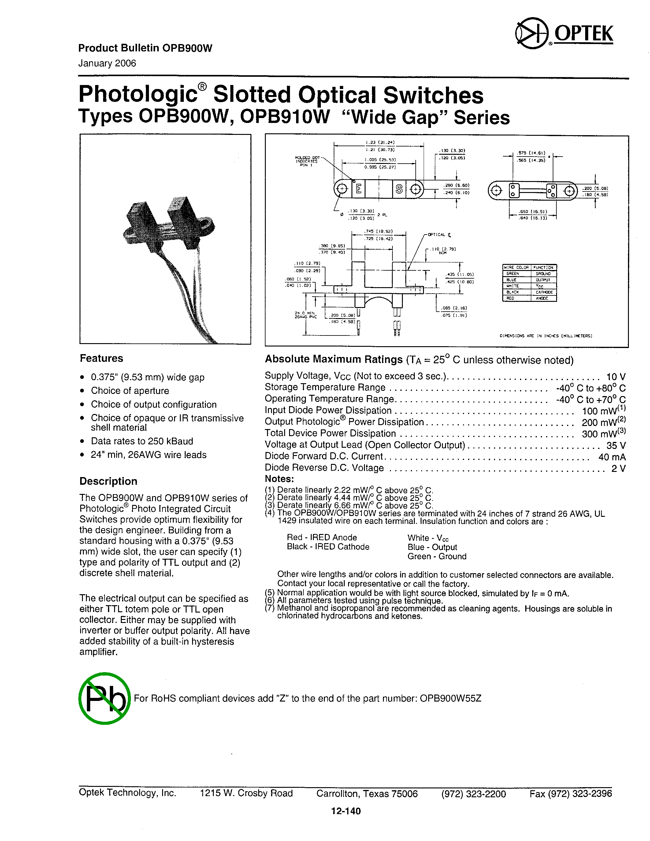 Даташит OPB900W - (OPB900W - OPB910W) Photologic Slotted Optical Switches страница 1
