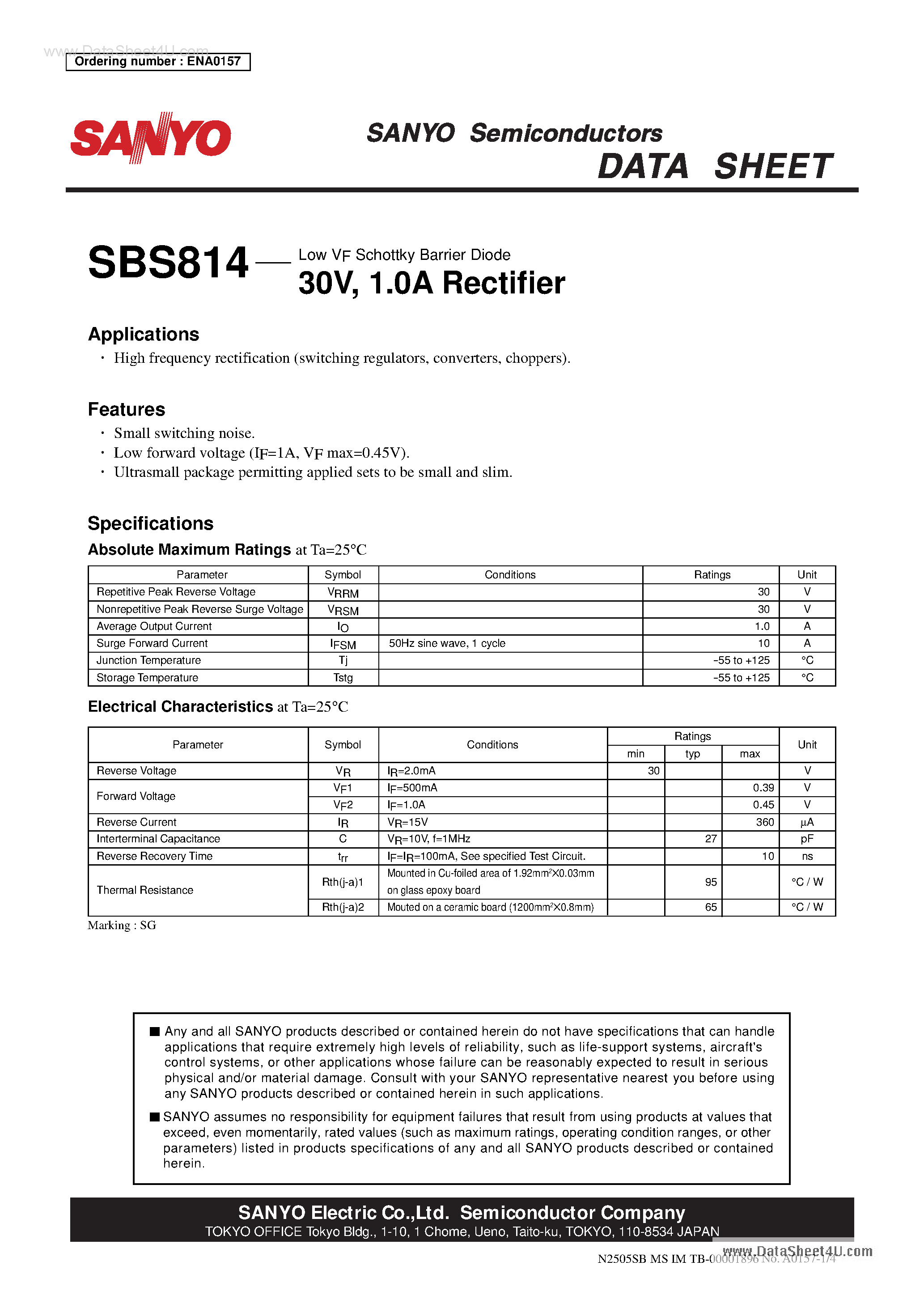 Datasheet SBS814 - 1.0A Rectifier page 1