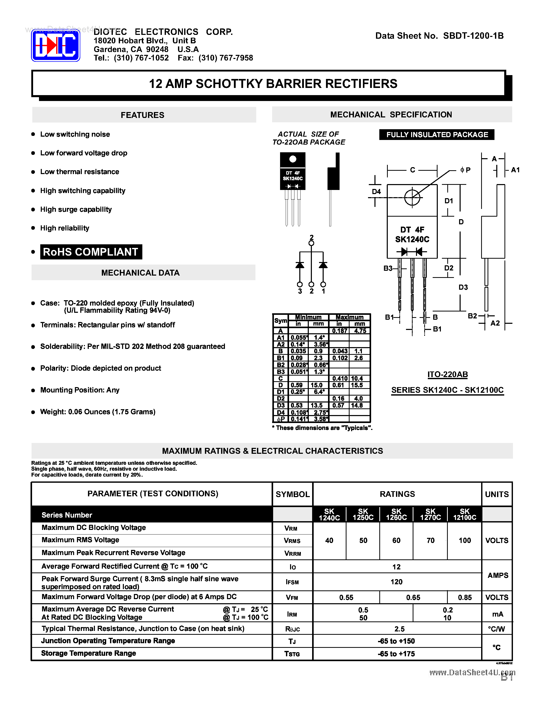 Datasheet SK12100C - (SK1240C - SK12100C) 12 AMP SCHOTTKY BARRIER RECTIFIERS page 1
