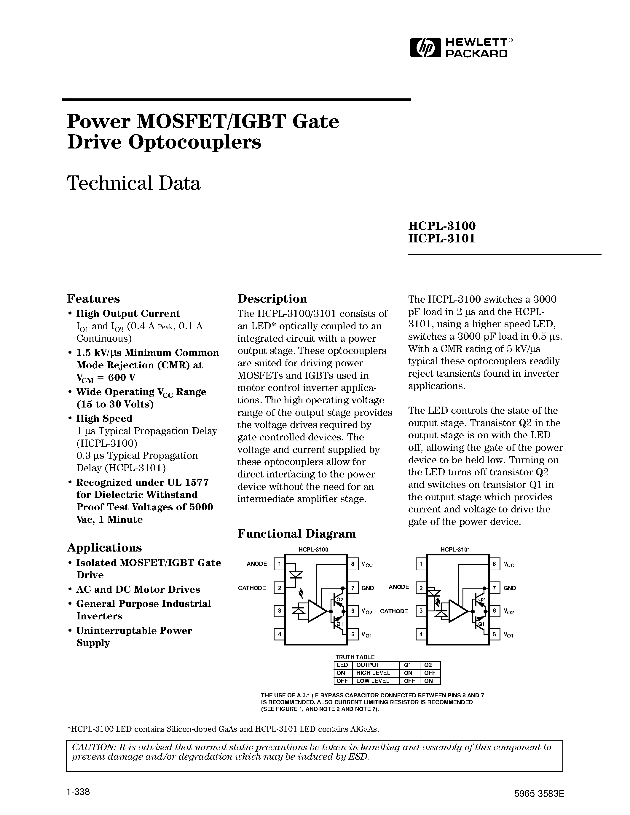 Даташит HCPL-3101 - Power MOSFET/IGBT Gate Drive Optocouplers страница 1