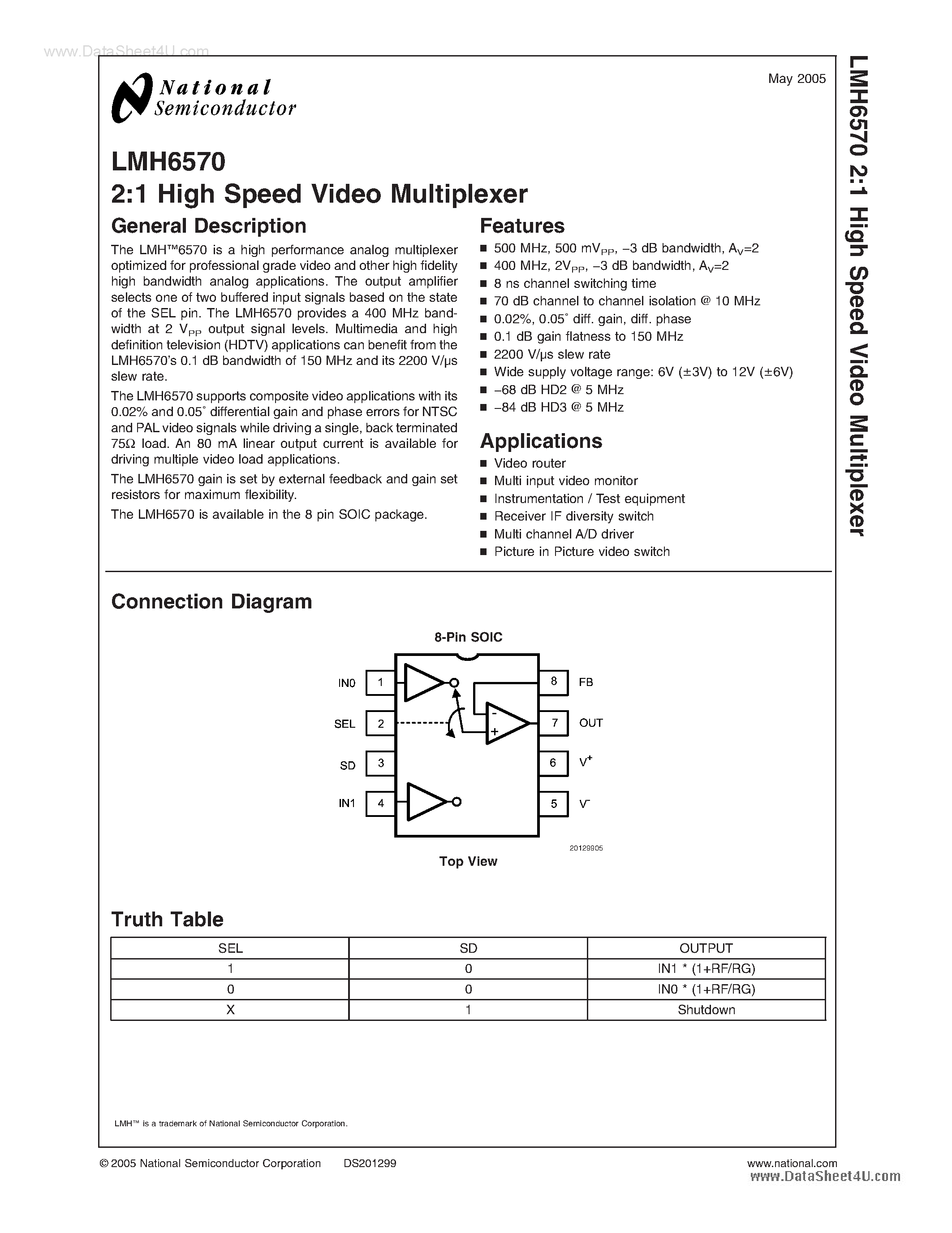 Datasheet LMH6570 - 2:1 High Speed Video Multiplexer page 1
