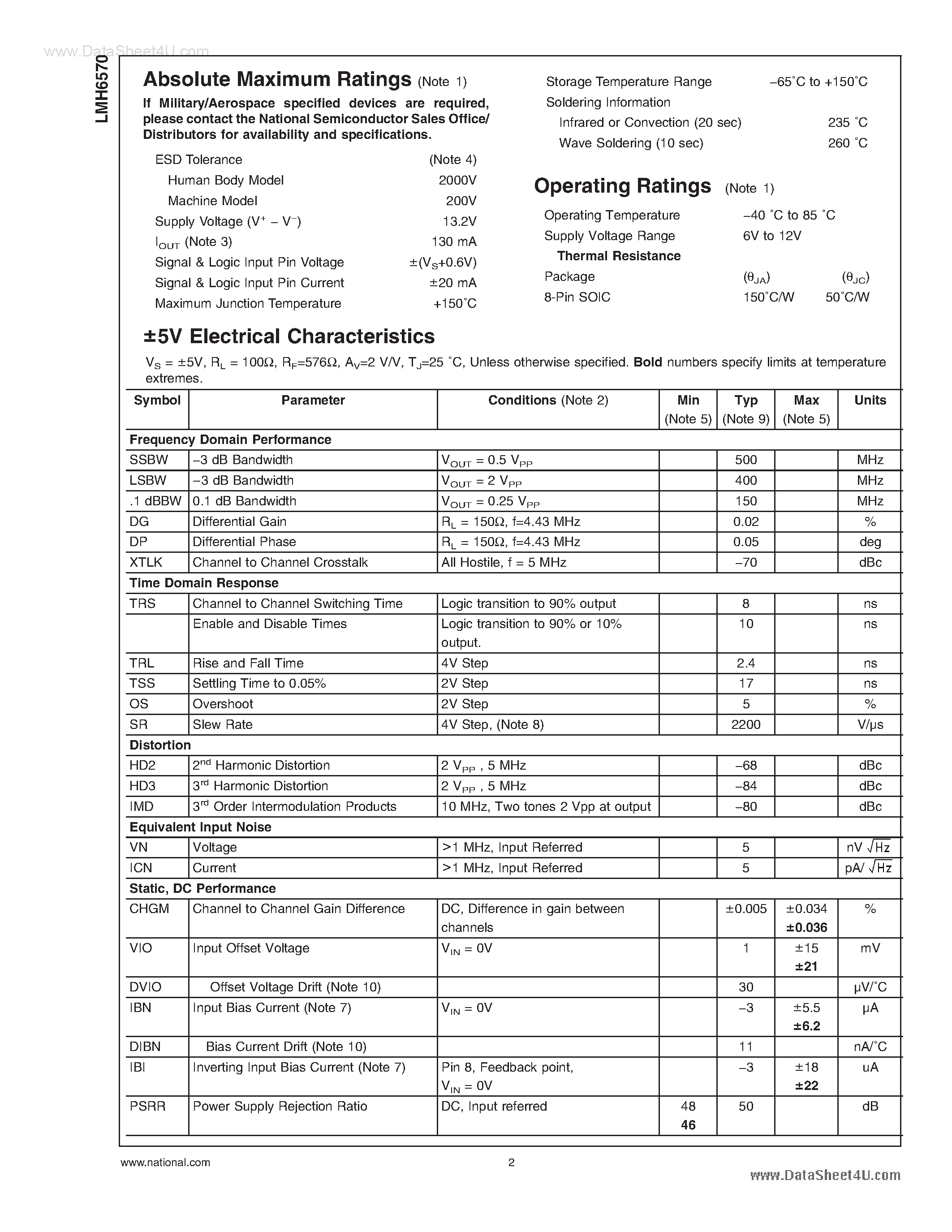 Datasheet LMH6570 - 2:1 High Speed Video Multiplexer page 2