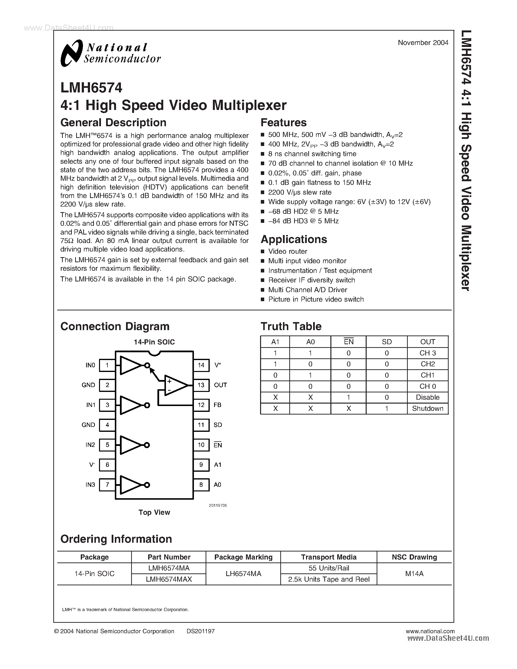 Datasheet LMH6574 - 4:1 High Speed Video Multiplexer page 1