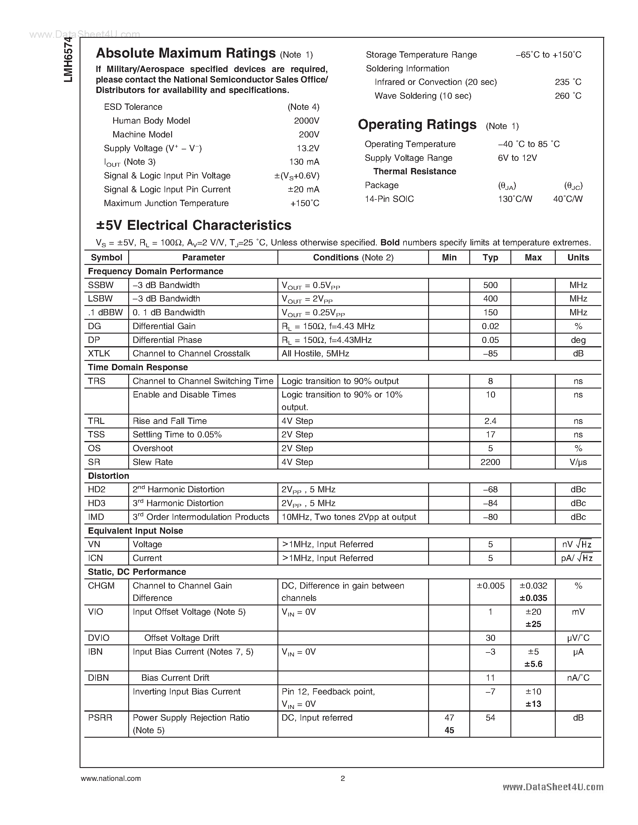 Datasheet LMH6574 - 4:1 High Speed Video Multiplexer page 2