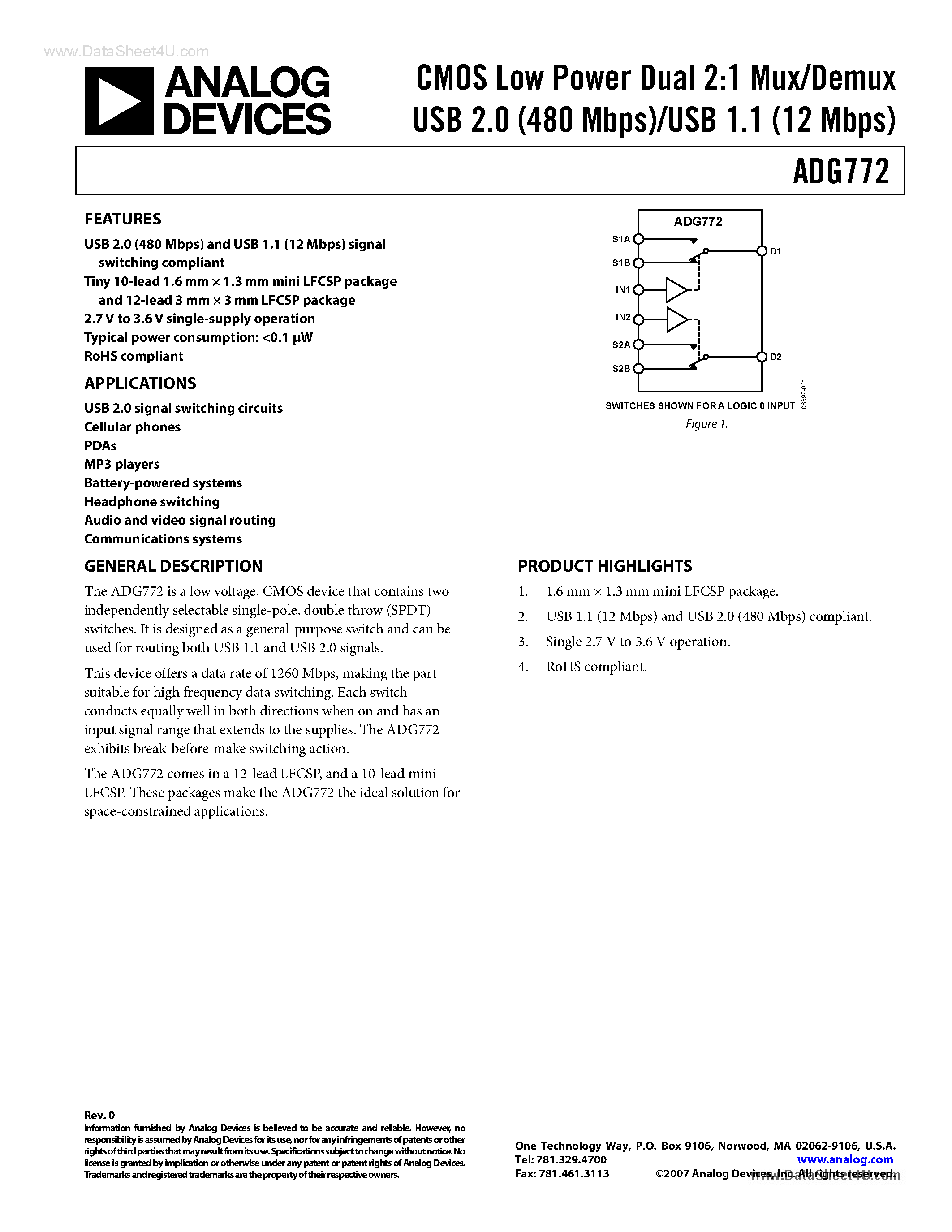Даташит ADG772 - CMOS Low Power Dual 2:1 Mux/Demux страница 1