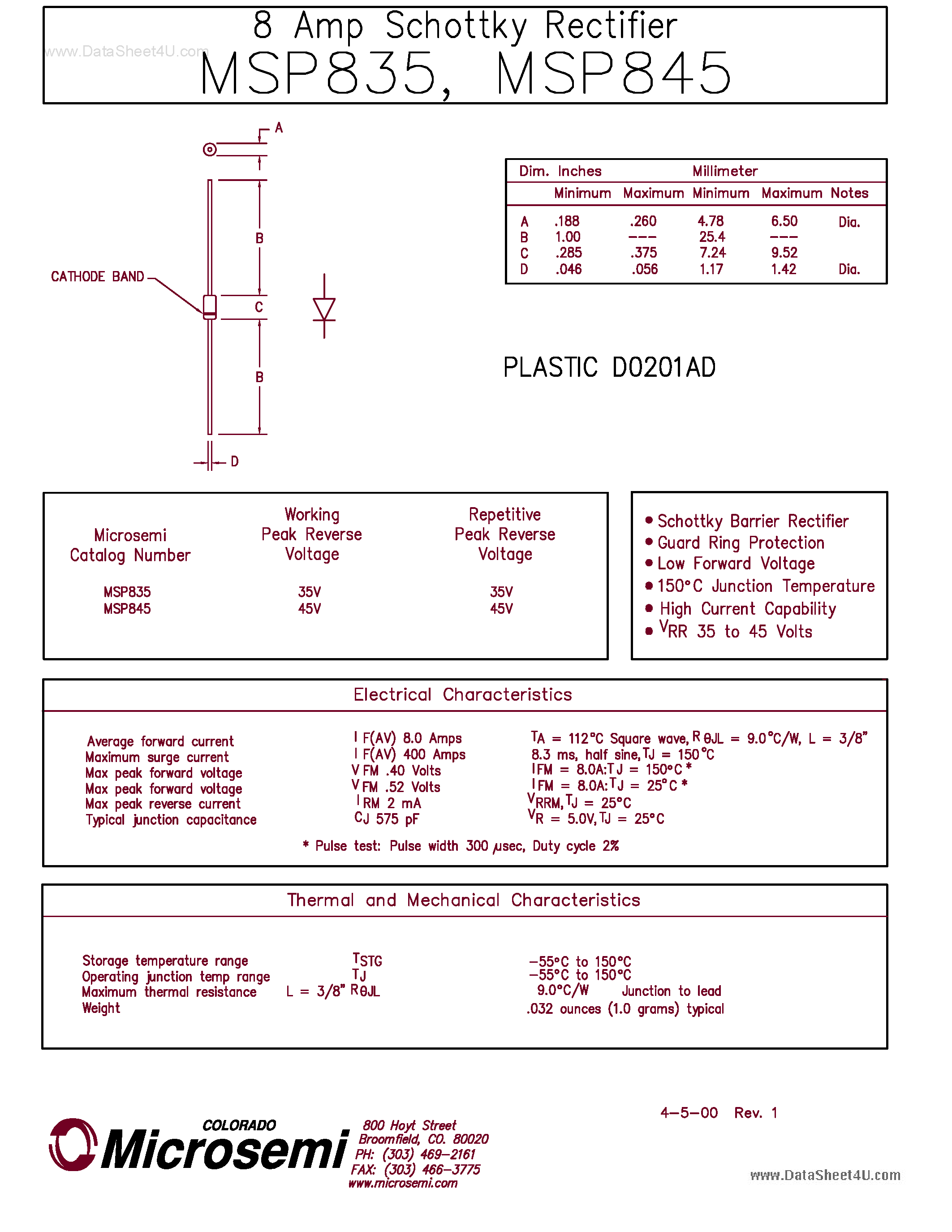 Даташит MSP835 - (MSP835 / MSP845) 8 Amp Schottky Rectifier страница 1