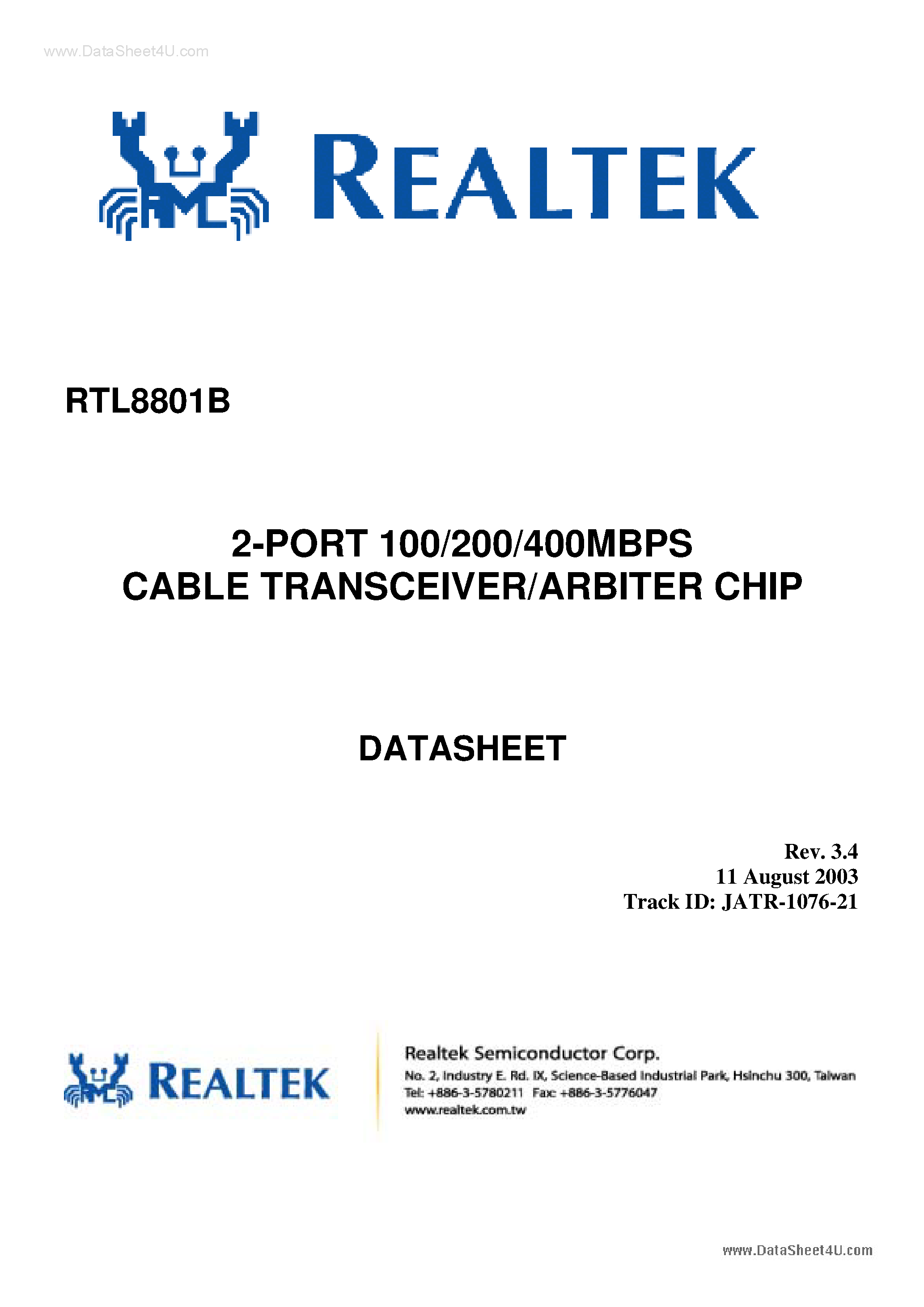 Datasheet RTL8801B - 2-Port Cable Transceiver / Arbiter Chip page 1