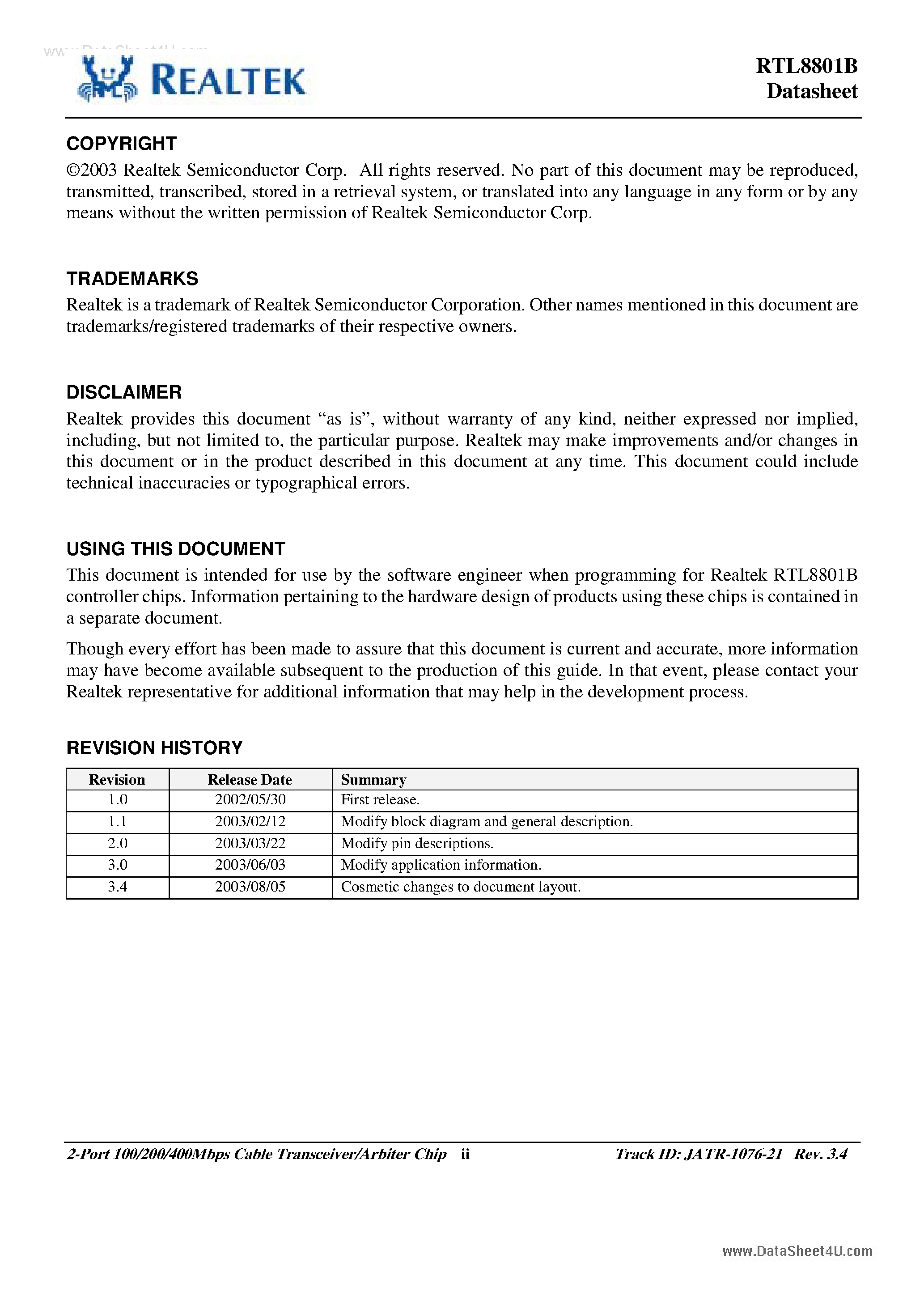 Datasheet RTL8801B - 2-Port Cable Transceiver / Arbiter Chip page 2