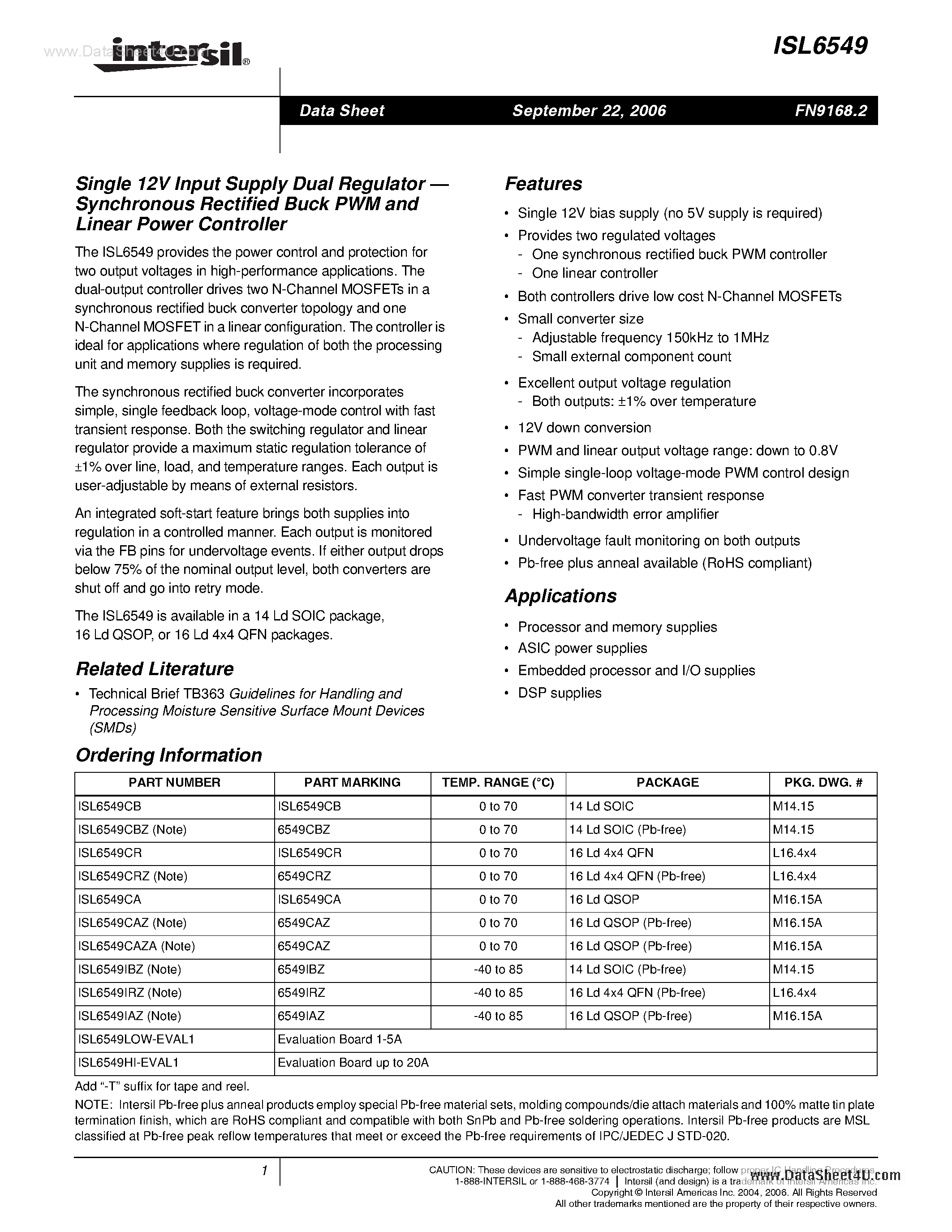 Datasheet 49CAZ - Search -----> ISL6549 page 1