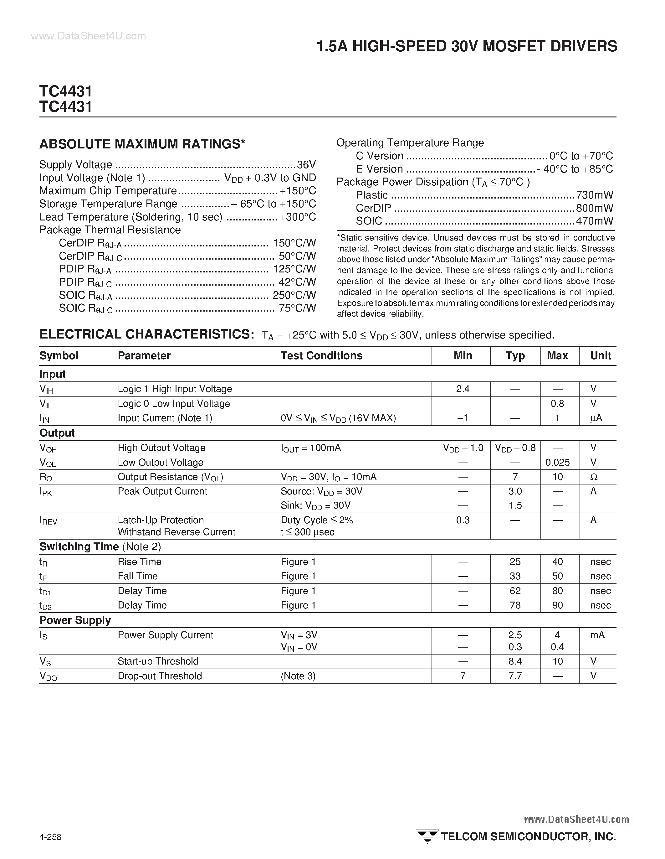 Datasheet TC4431 - (TC4431 / TC4432) 1.5A HIGH-SPEED 30V MOSFET DRIVERS page 2