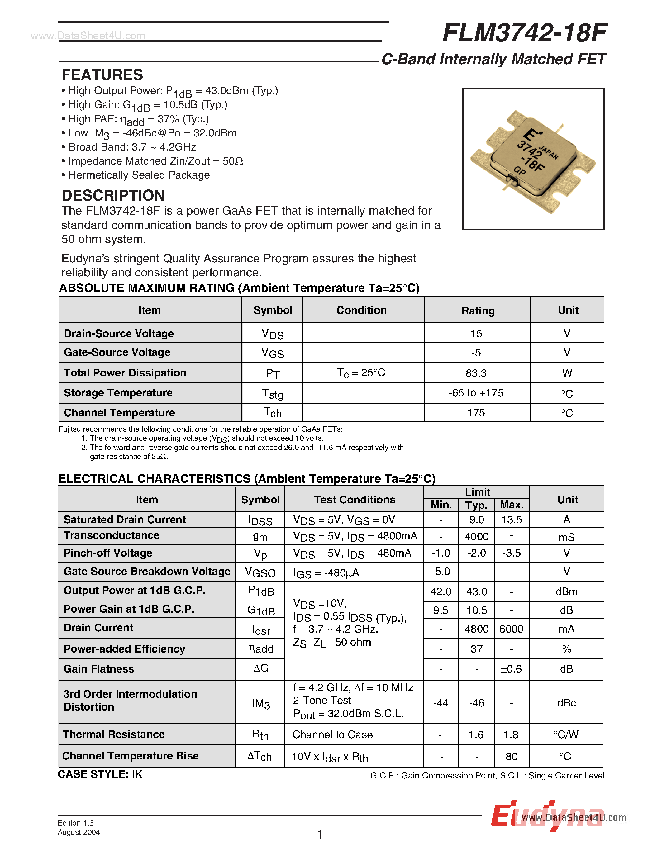 Datasheet FLM3742-18F page 1 Datasheet FLM3742-18F - C-Band Internally Matched FET page 1