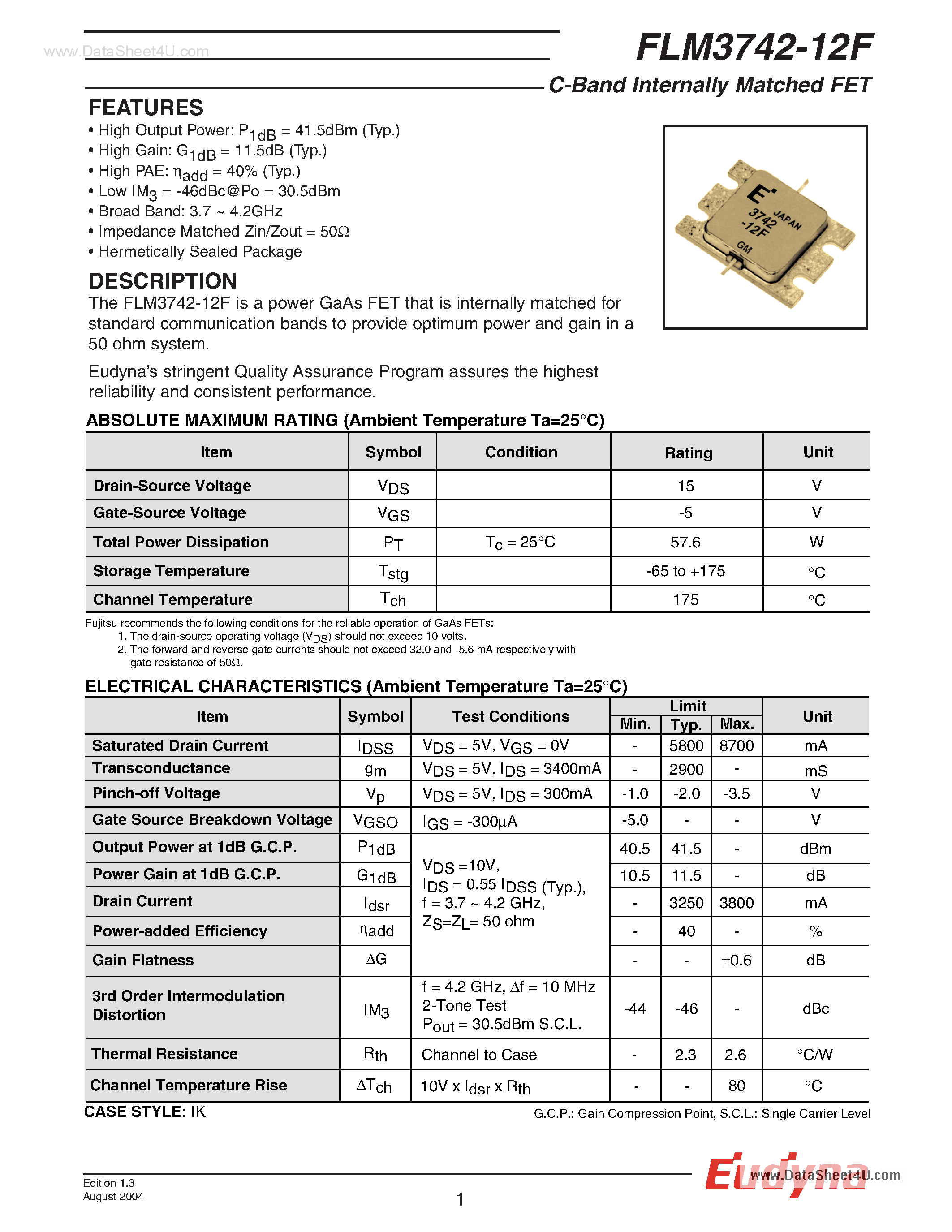 Datasheet FLM3742-12F page 1 Datasheet FLM3742-12F - C-Band Internally Matched FET page 1