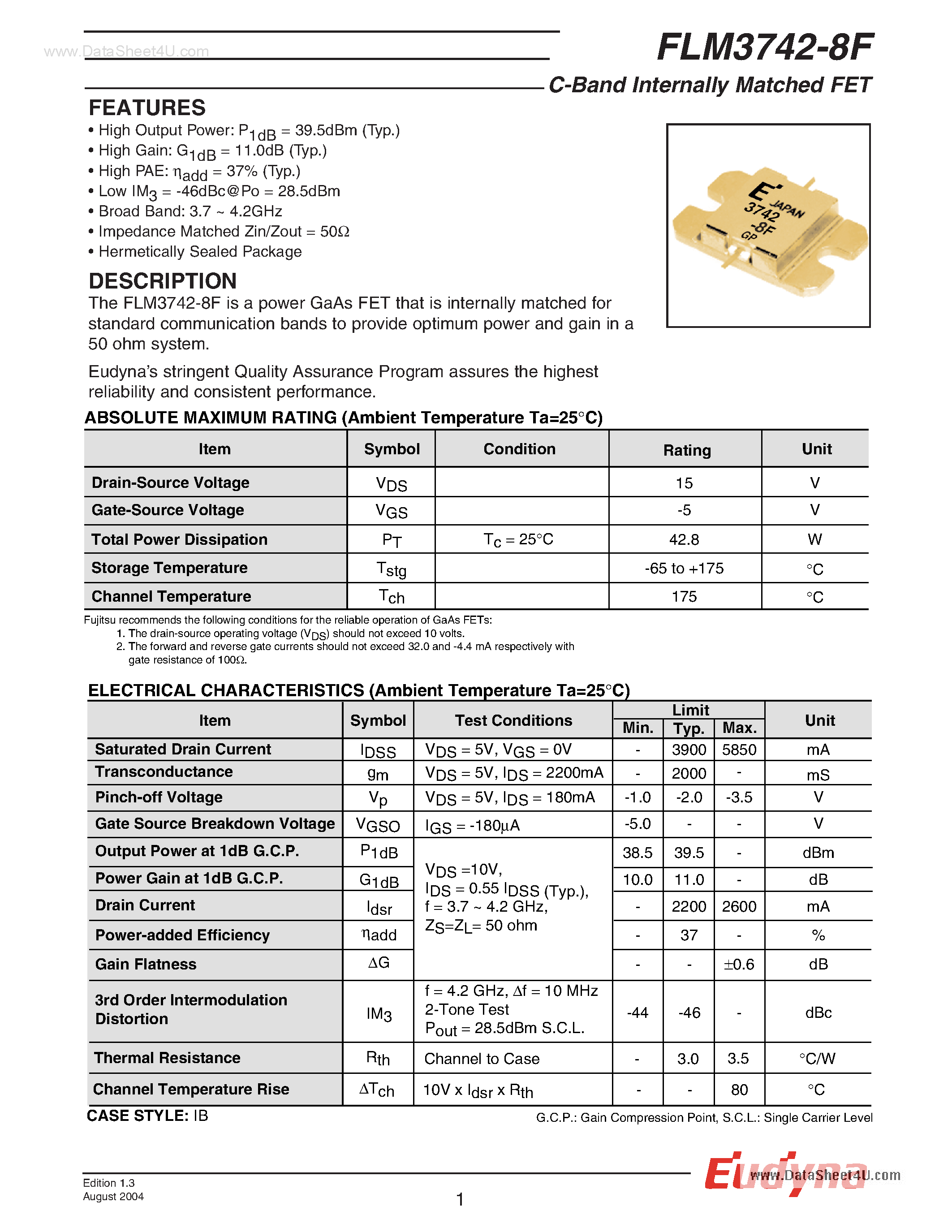 Datasheet FLM3742-8F page 1 Datasheet FLM3742-8F - C-Band Internally Matched FET page 1