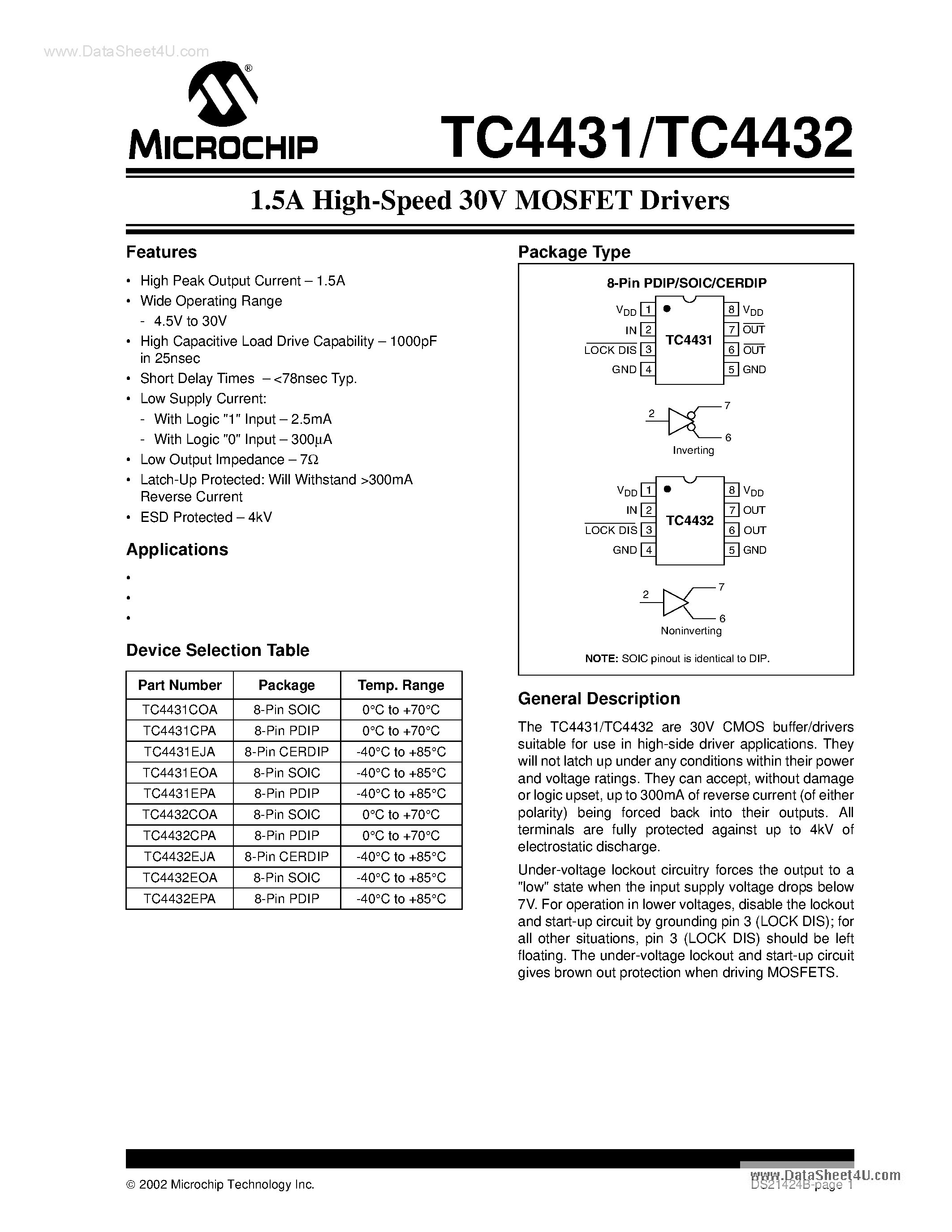 Datasheet TC4431 page 1 Datasheet TC4431 - (TC4431 / TC4432) 1.5A High-Speed 30V MOSFET Drivers page 1