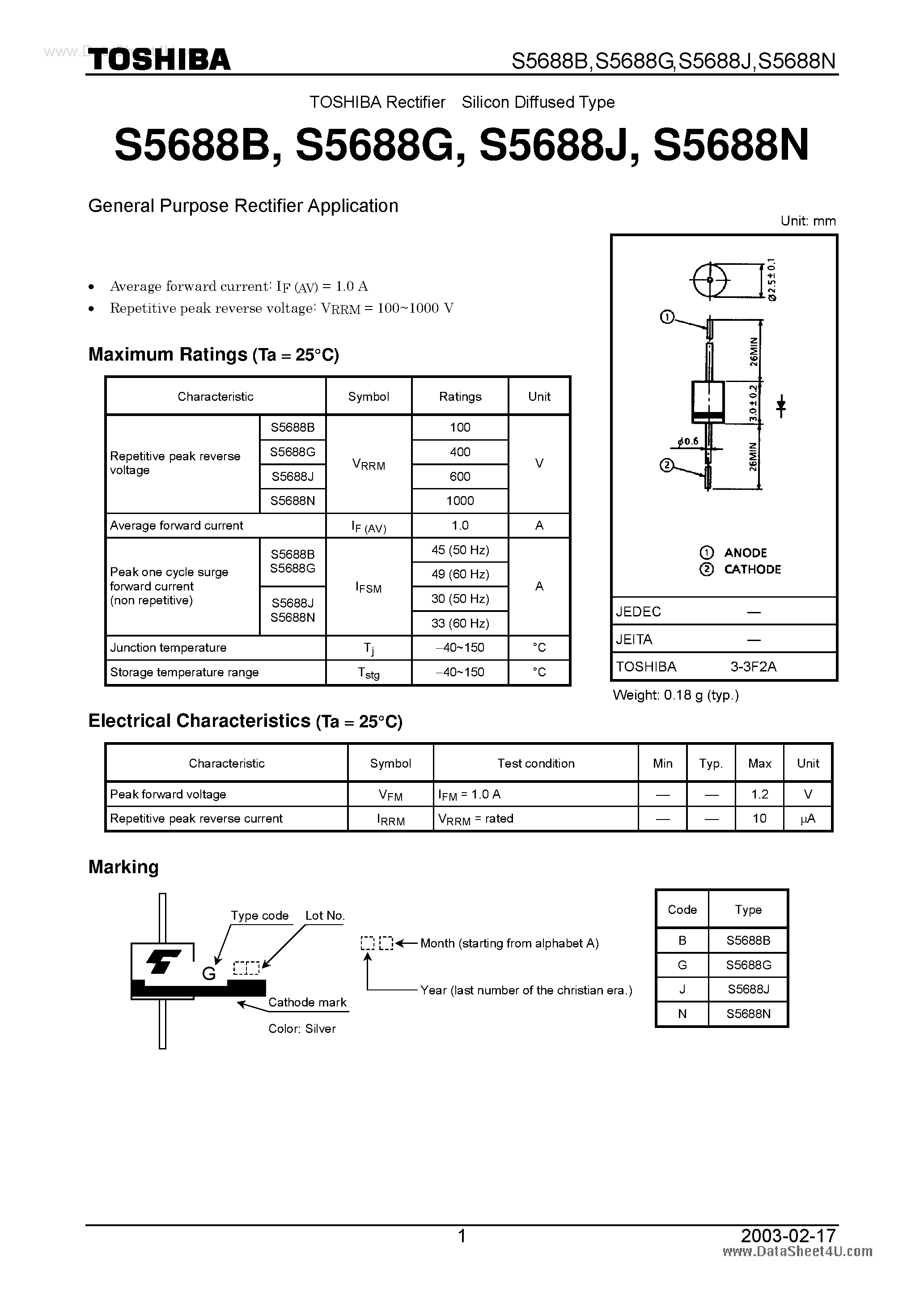 Datasheet S5688B - (S5688x) Rectifier Silicon Diffused Type page 1