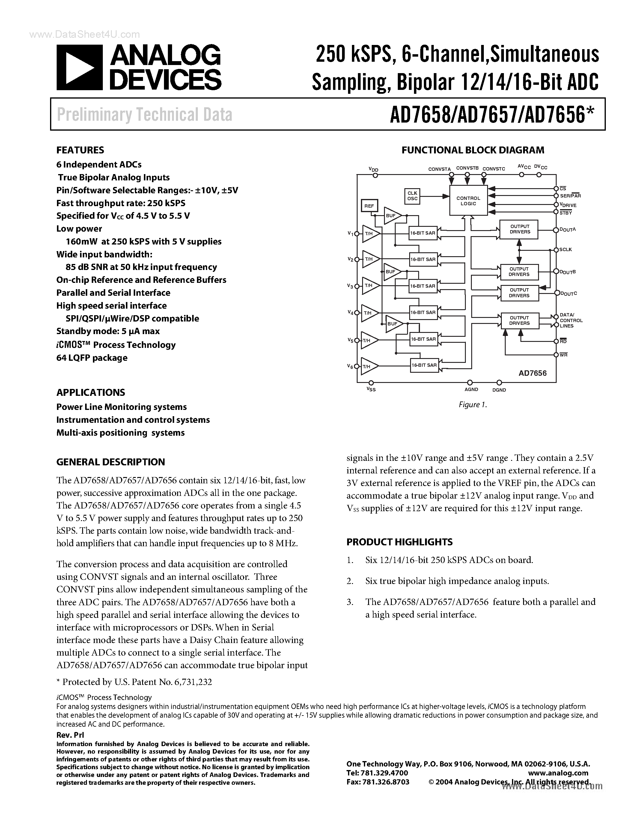 Datasheet AD7656 - (AD7656 - AD7658) Bipolar 12/14/16-Bit ADC page 1