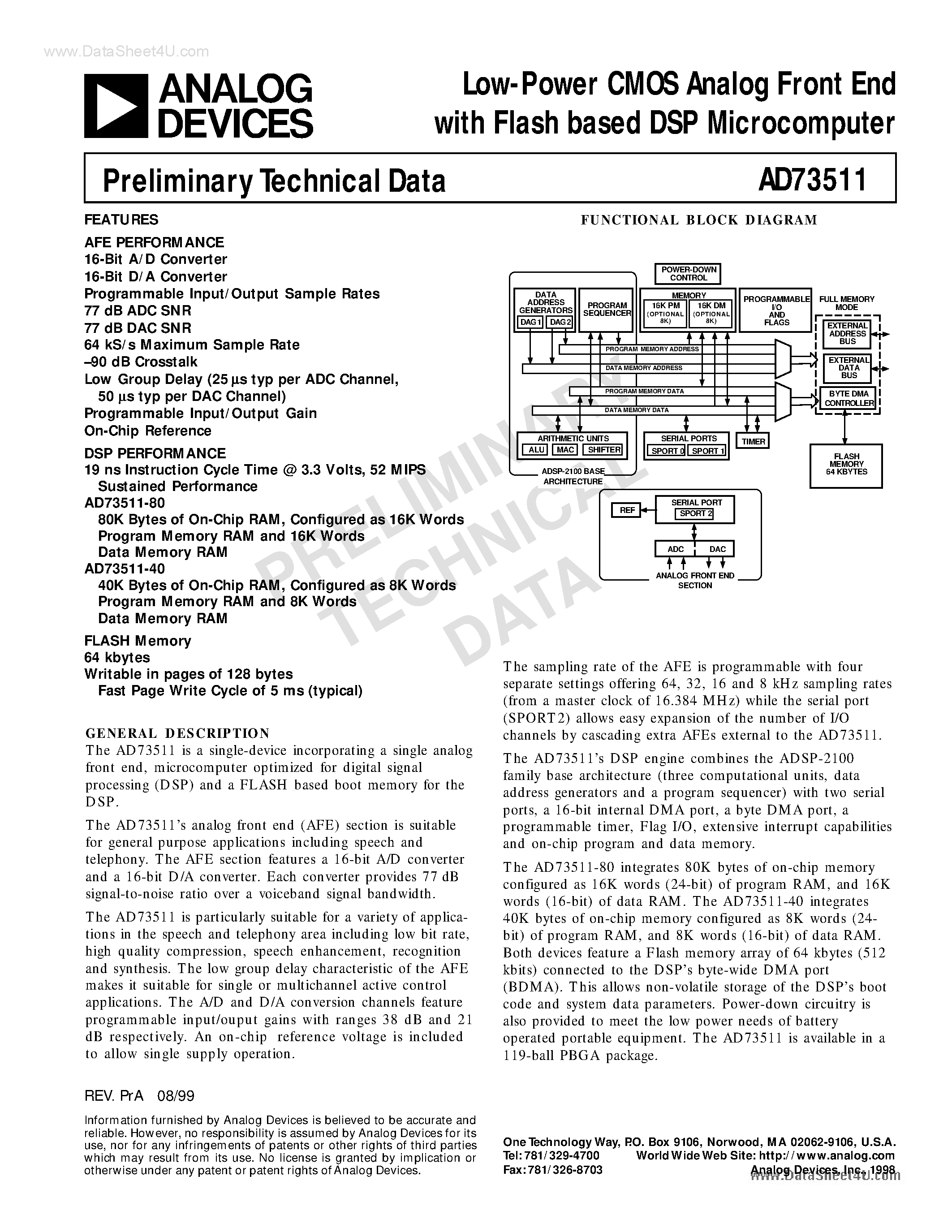 Datasheet AD73511 - Low-power CMOS Analog Front End page 1