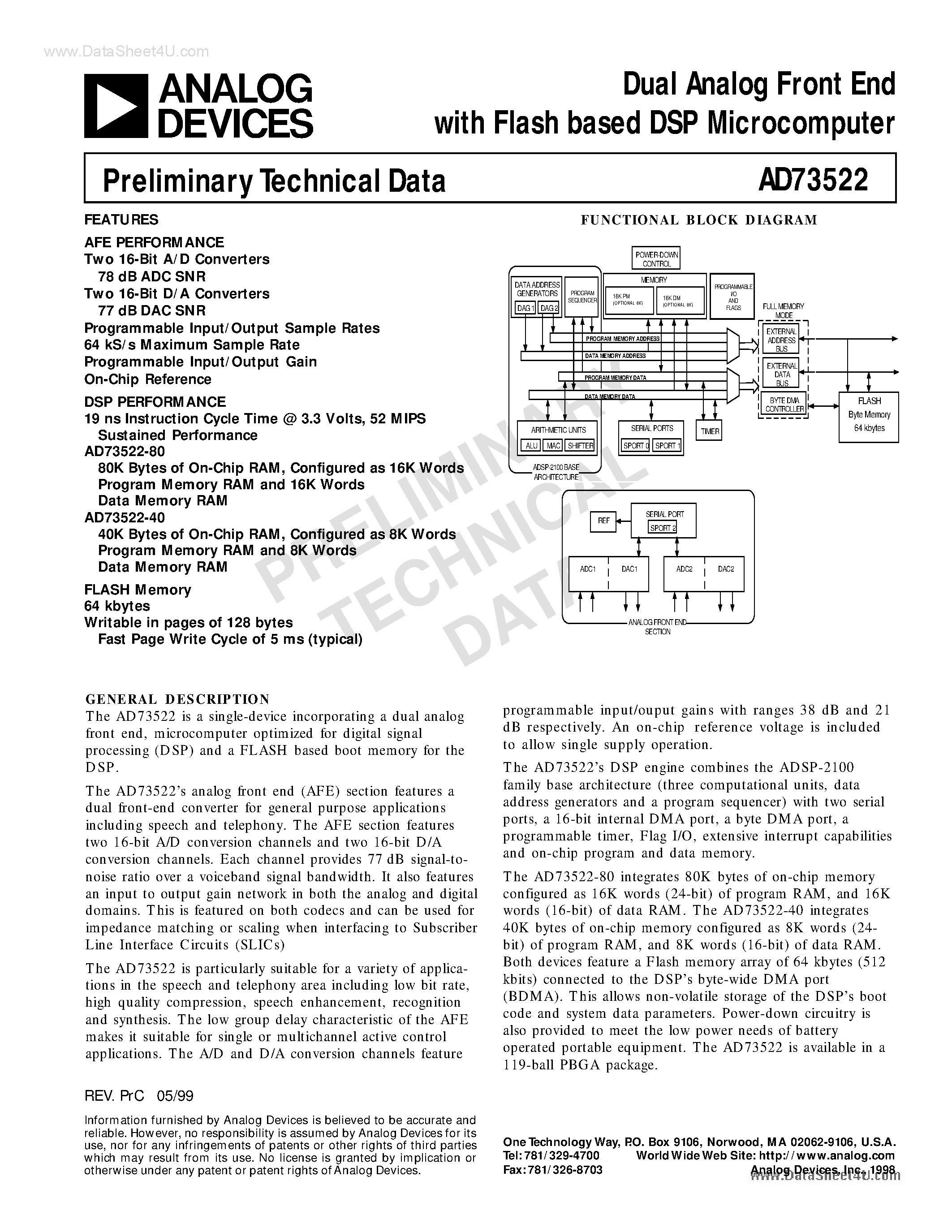 Datasheet AD73522 - Dual Analog Front End page 1