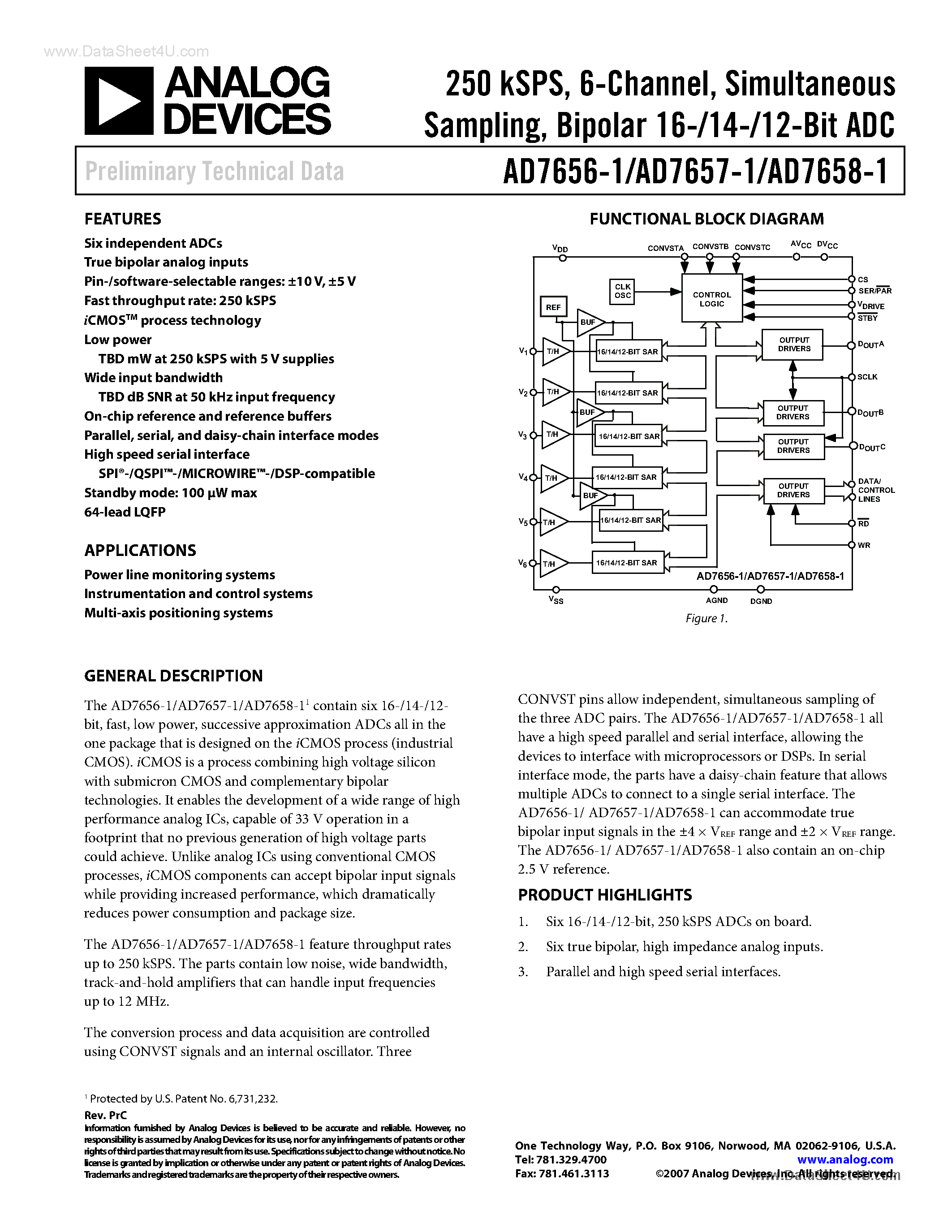 Datasheet AD7656-1 - (AD7656-1 - AD7658-1) Bipolar 12/14/16-Bit ADC page 1