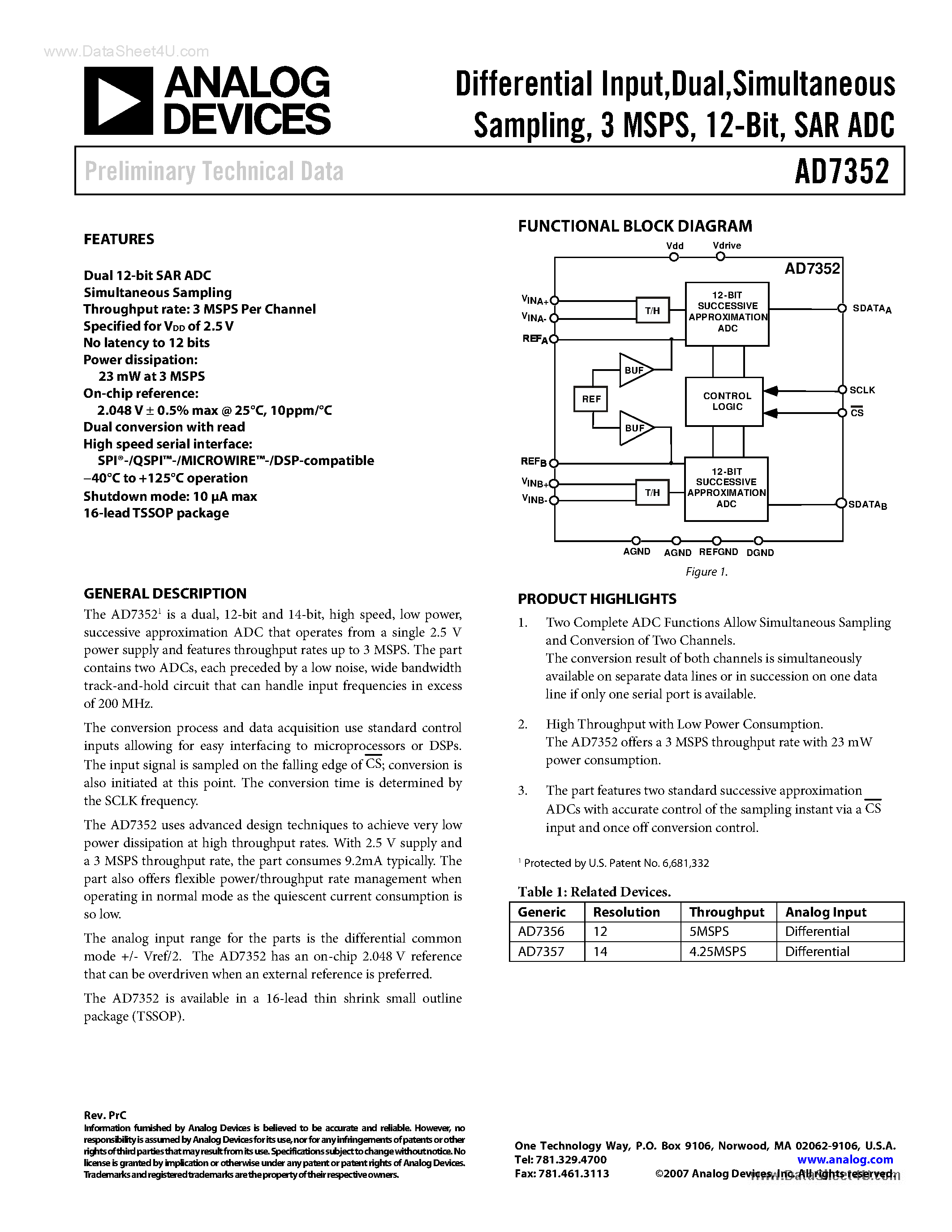 Datasheet AD7352 - SAR ADC page 1