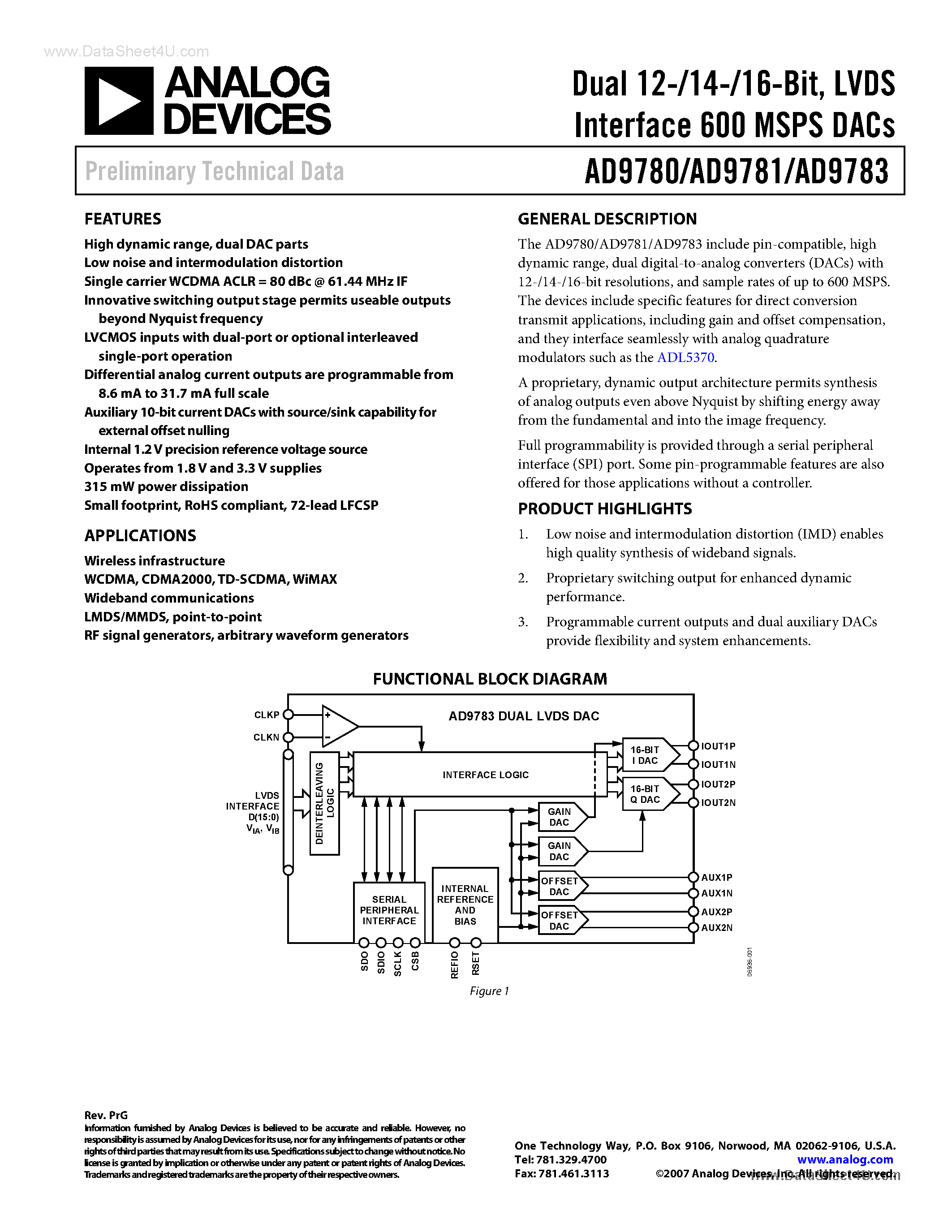 Даташит на микросхему AD9780 страница 1 Даташит AD9780 - (AD9780 - AD9783) LVDS Interface 600 MSPS DACs страница 1