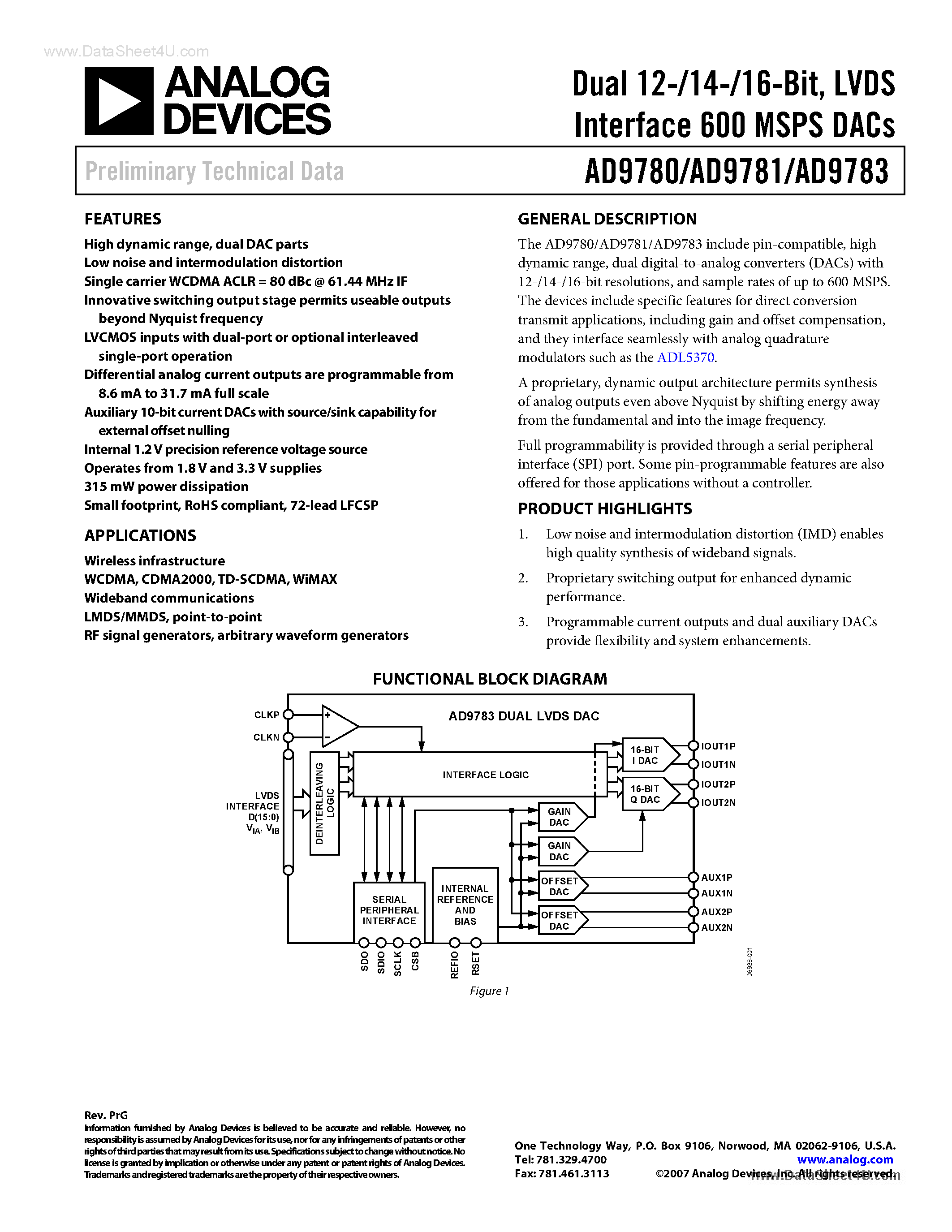 Даташит AD9780 - (AD9780 - AD9783) LVDS Interface 600 MSPS DACs страница 1