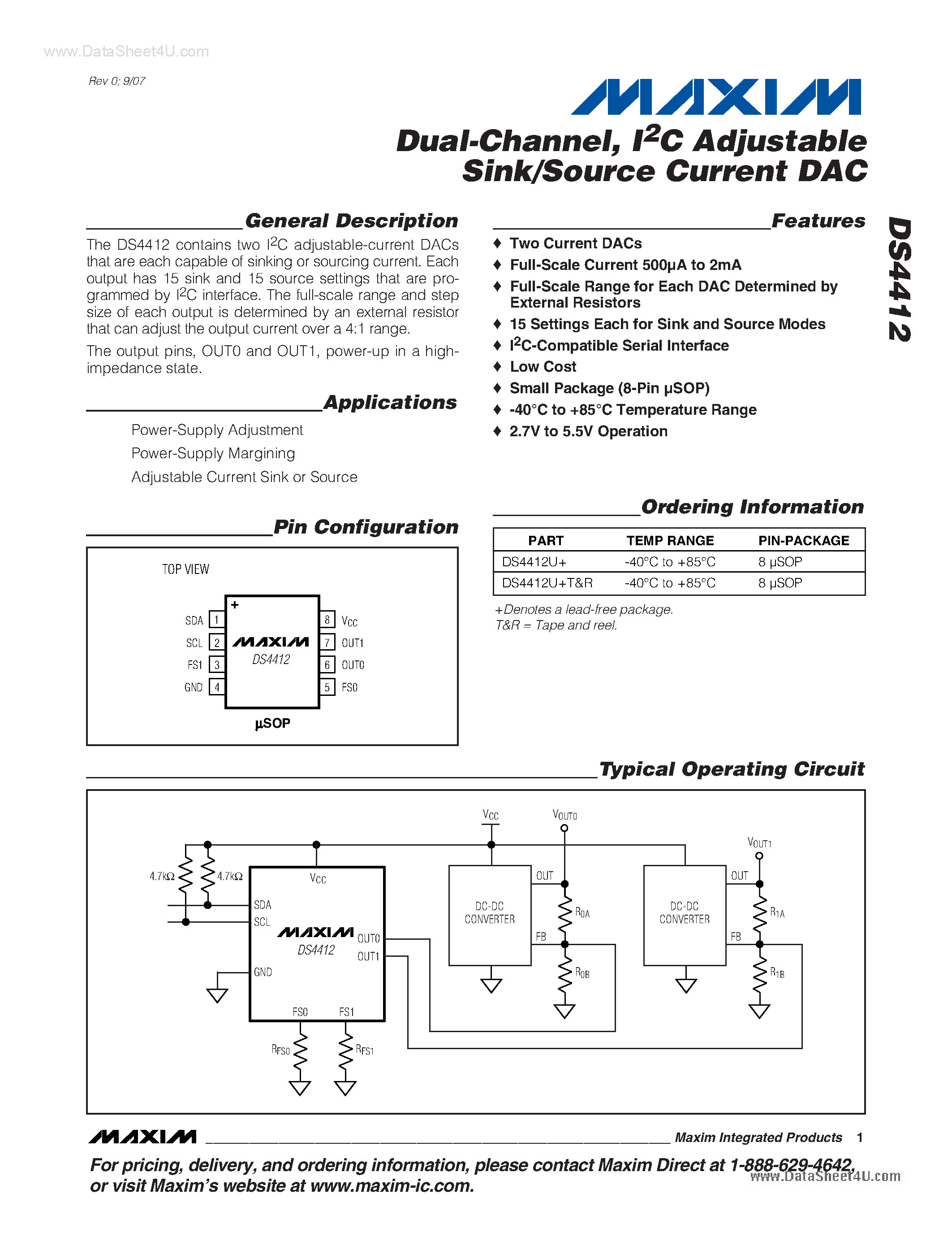 Datasheet DS4412 - I2C Adjustable Sink/Source Current DAC page 1