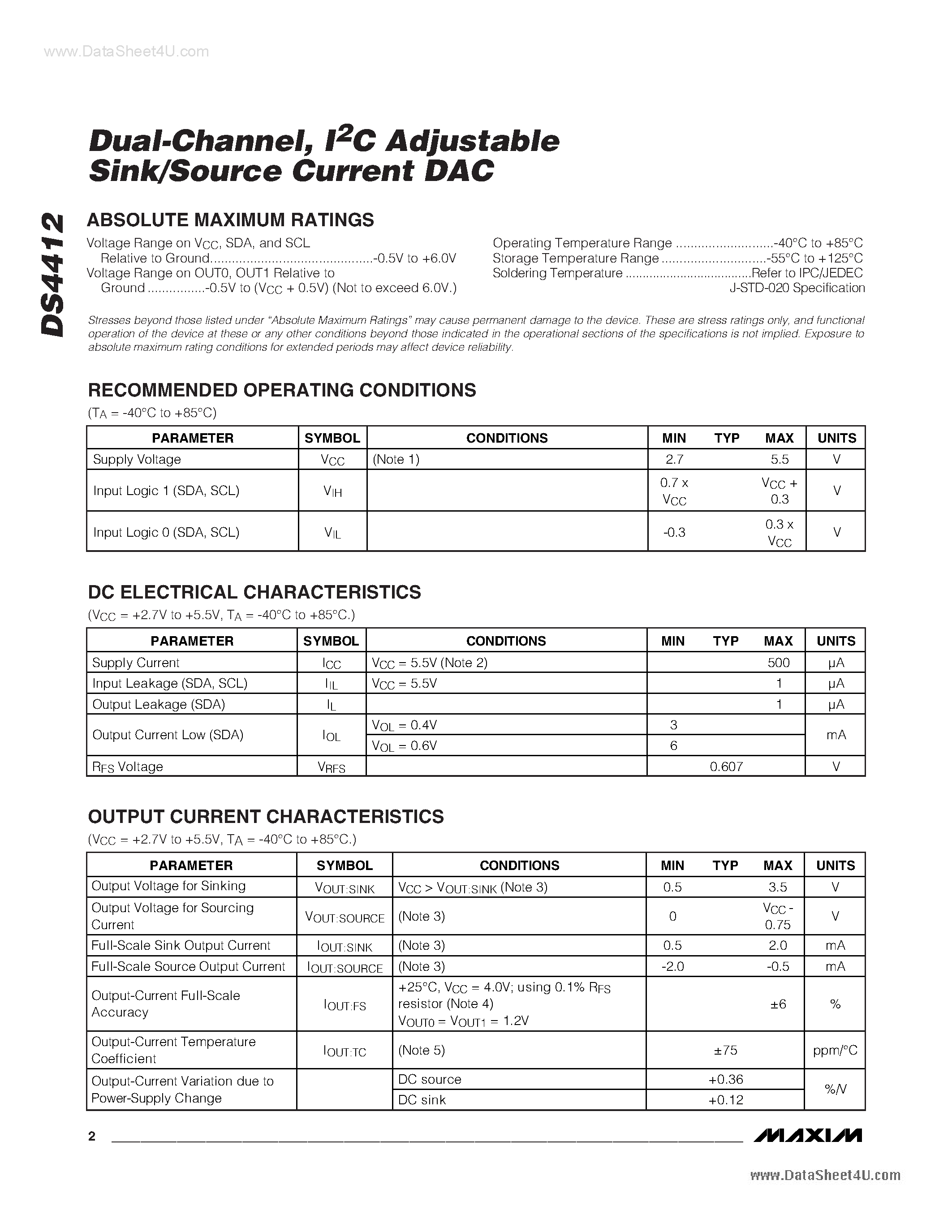 Datasheet DS4412 - I2C Adjustable Sink/Source Current DAC page 2