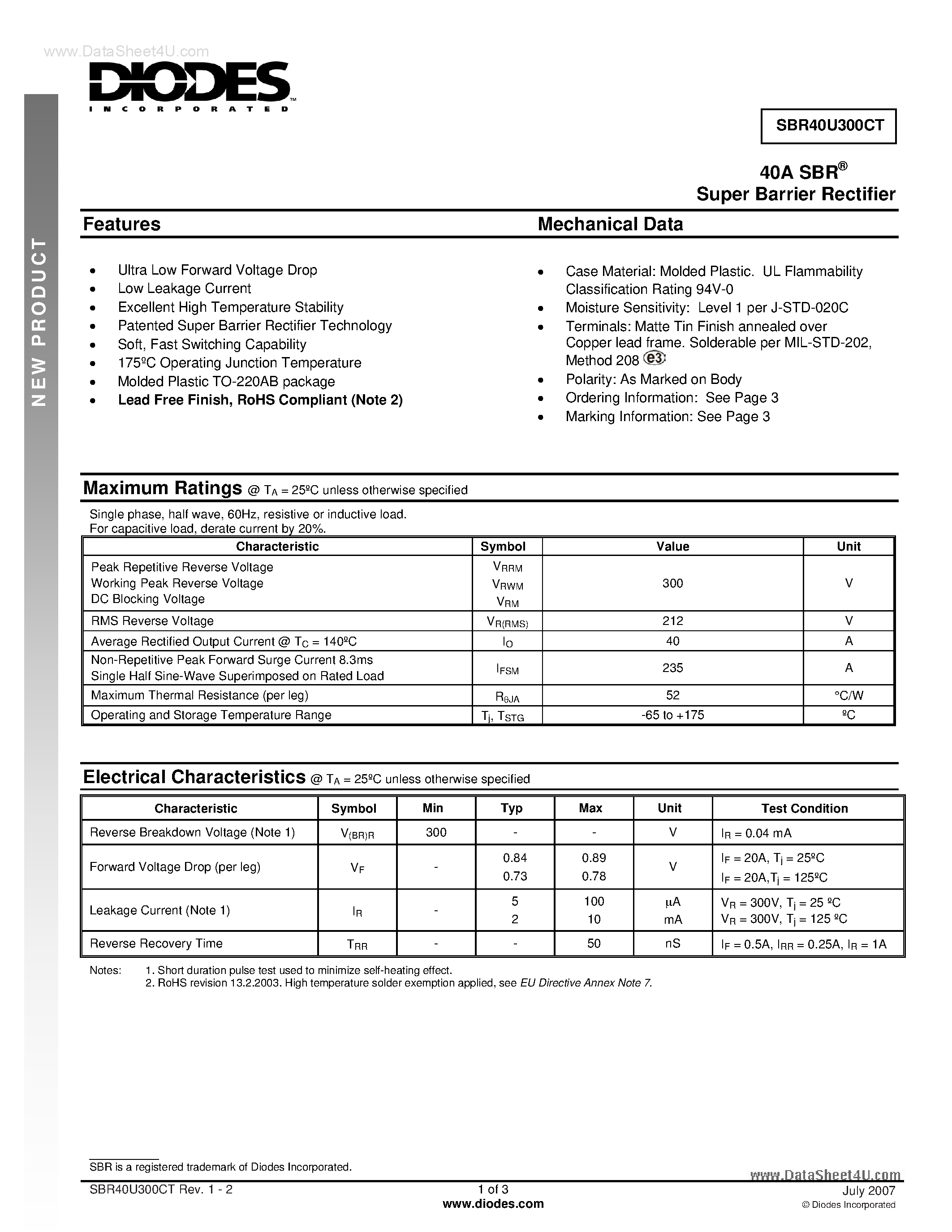 Datasheet SBR40U300CT page 1 Datasheet SBR40U300CT - Super Barrier Rectifier page 1