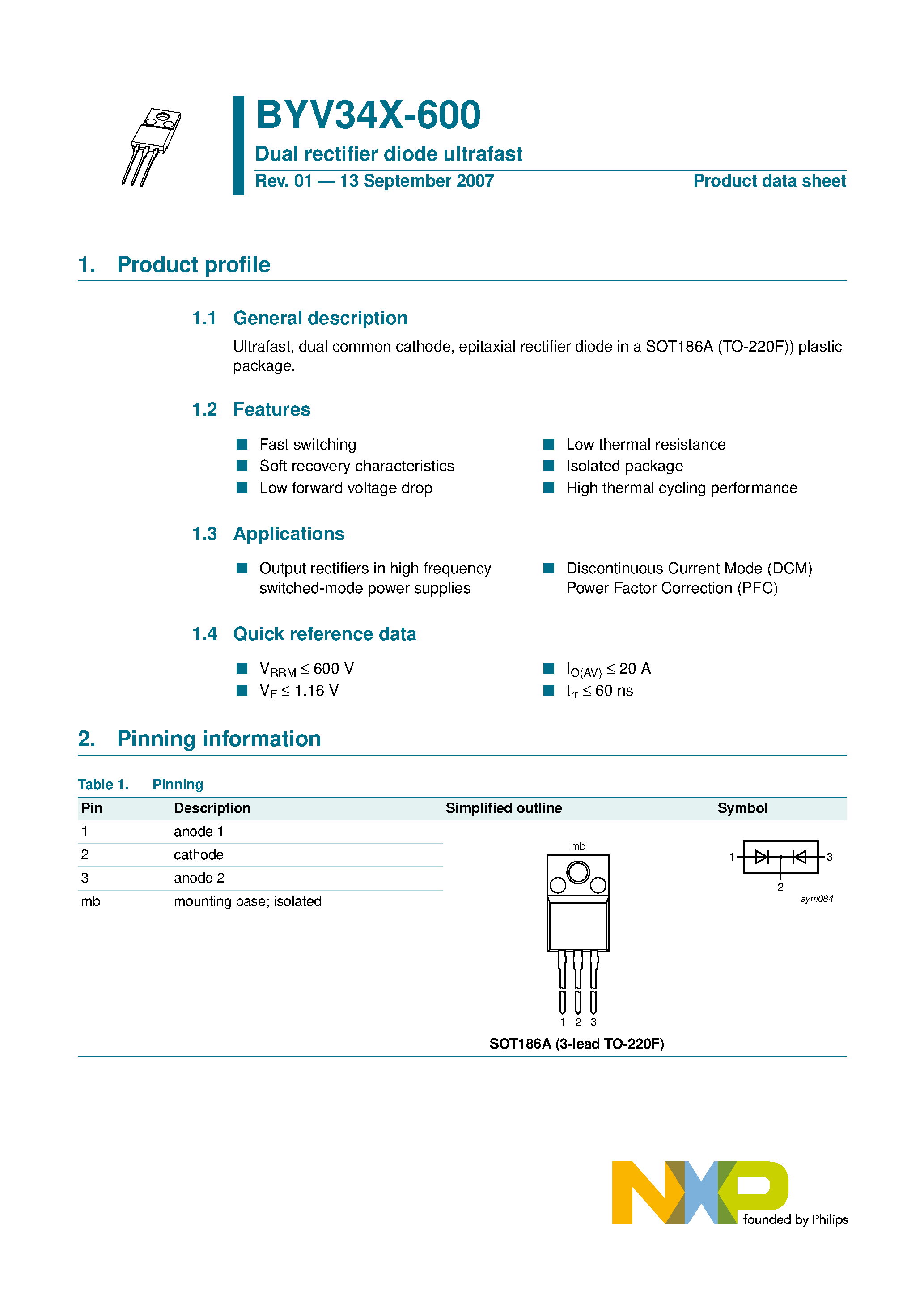 Datasheet BYV34X-600 page 1 Datasheet BYV34X-600 - Dual rectifier diode ultrafast page 1