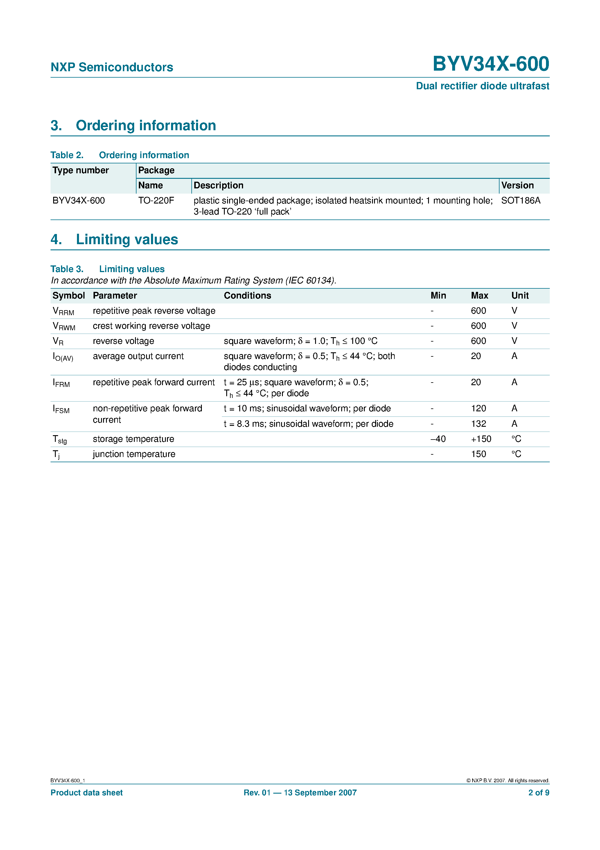 Datasheet BYV34X-600 page 2 Datasheet BYV34X-600 - Dual rectifier diode ultrafast page 2