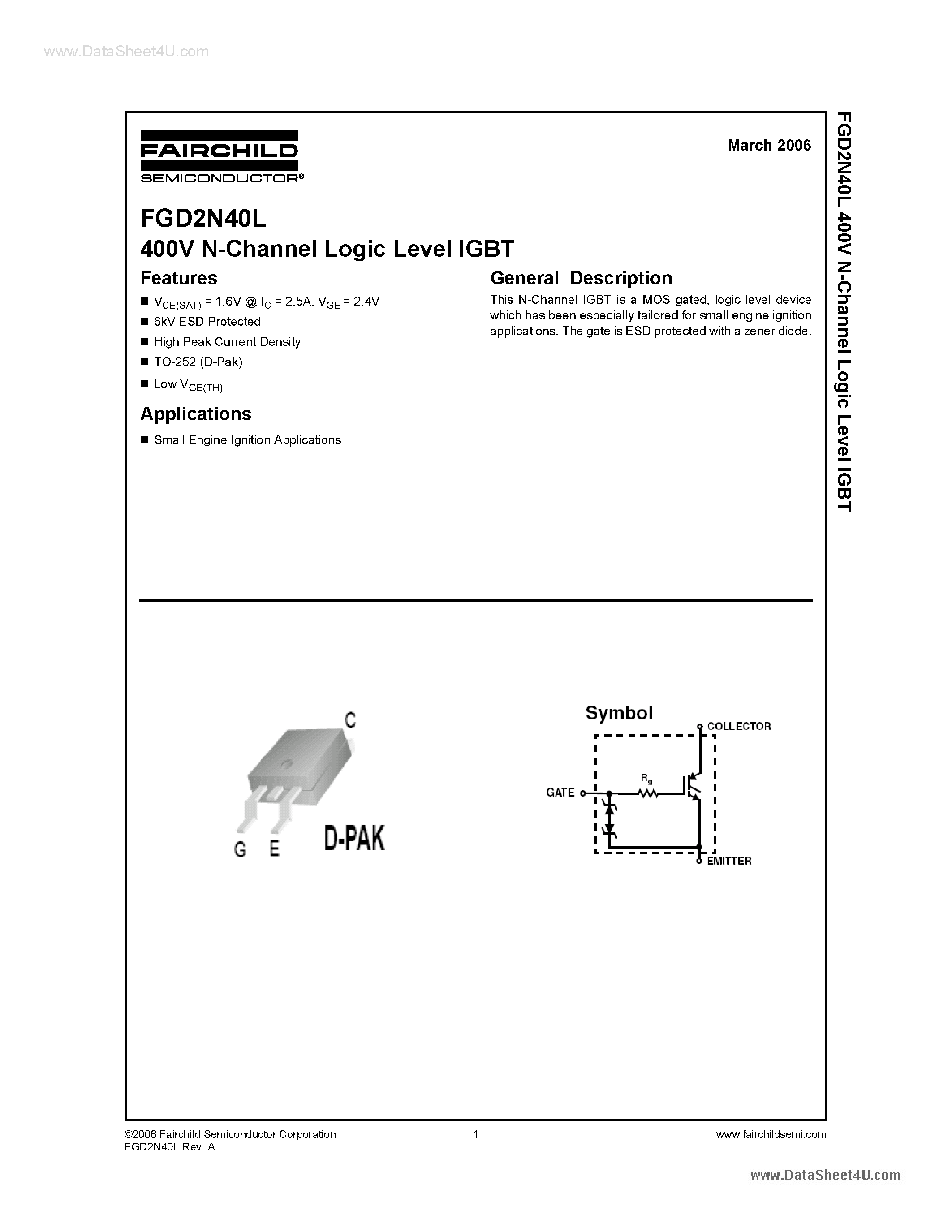 Datasheet FGD2N40L - 400V N-Channel Logic Level IGBT page 1