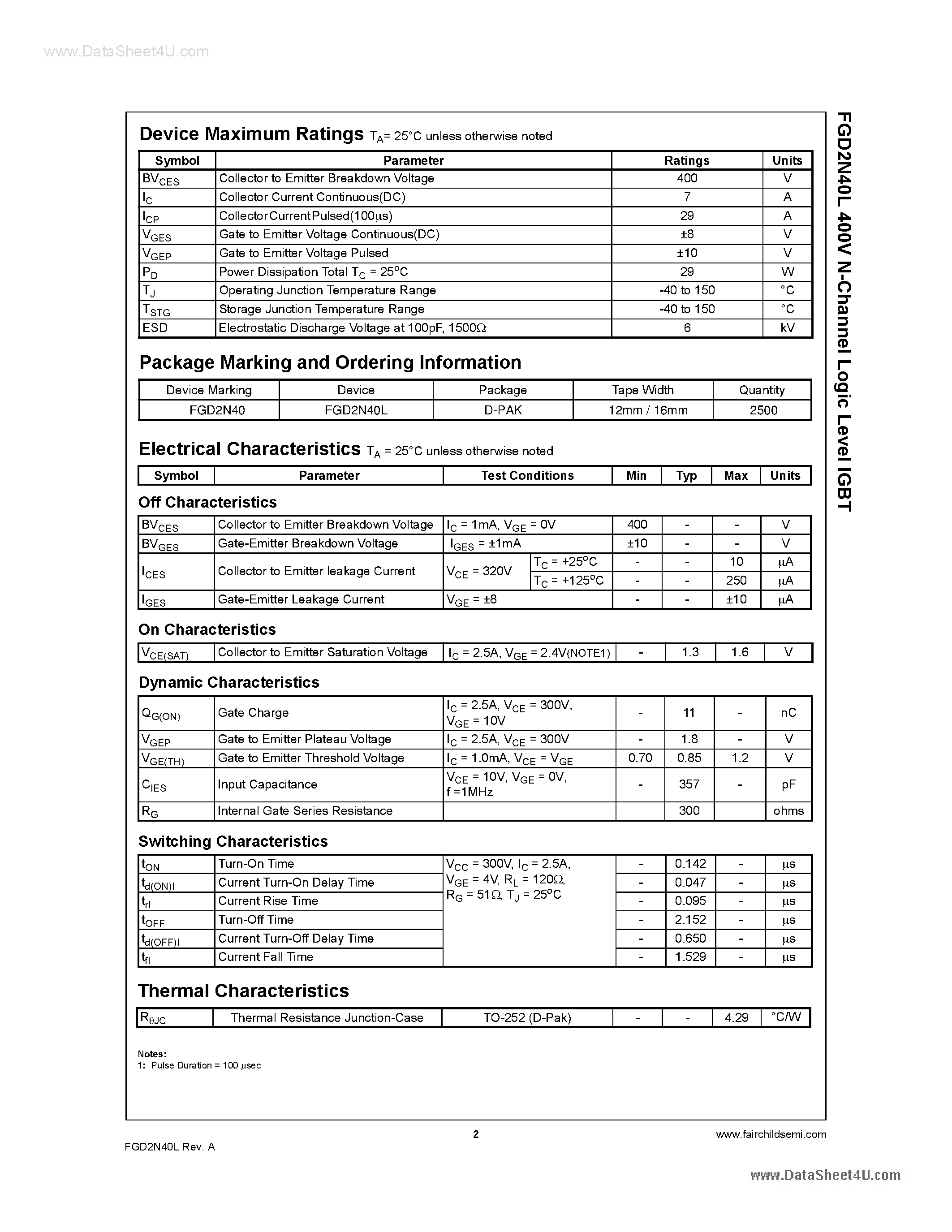 Datasheet FGD2N40L - 400V N-Channel Logic Level IGBT page 2