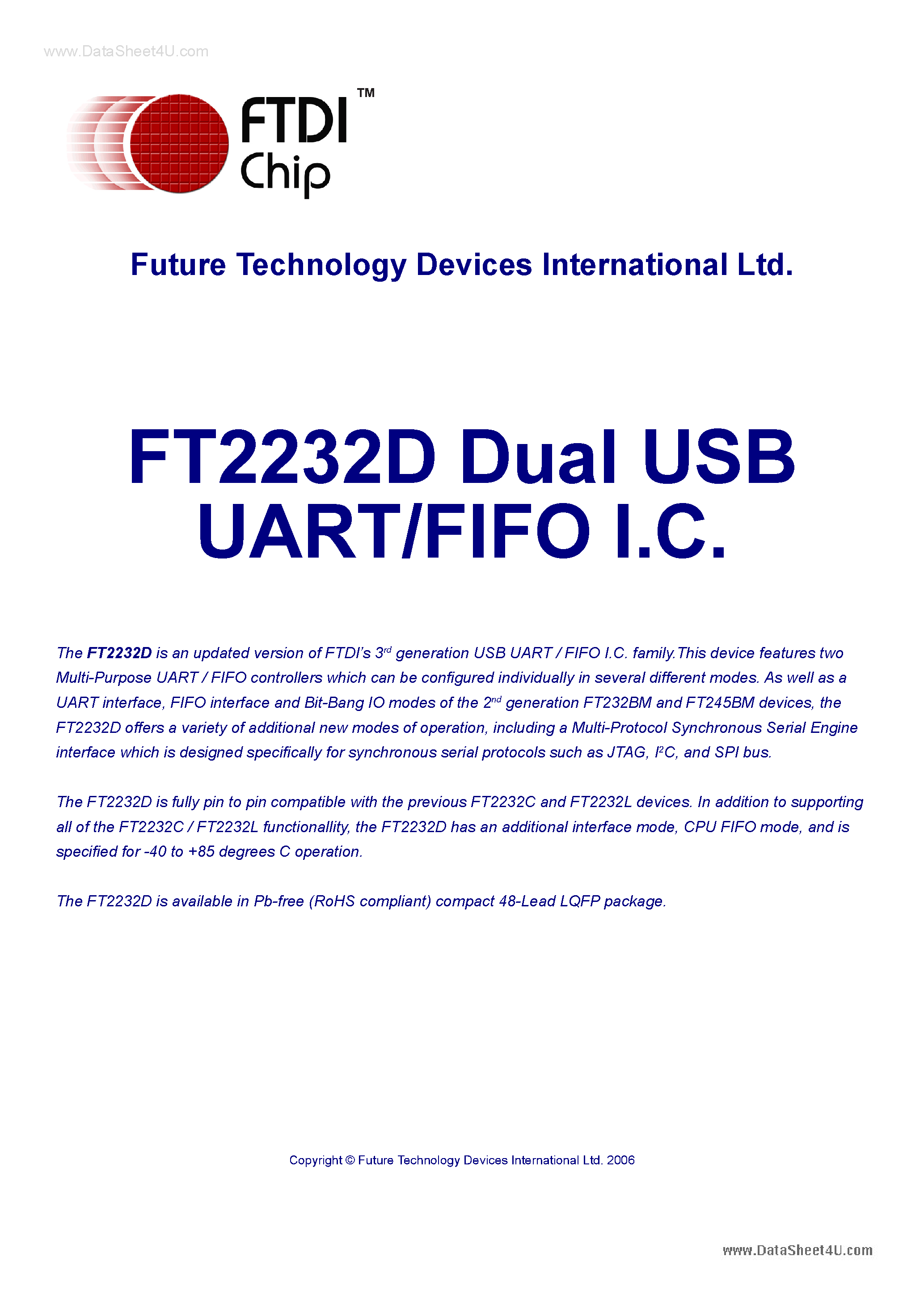 Datasheet FT2232D page 1 Datasheet FT2232D - Dual USB UART/FIFO I.C. page 1