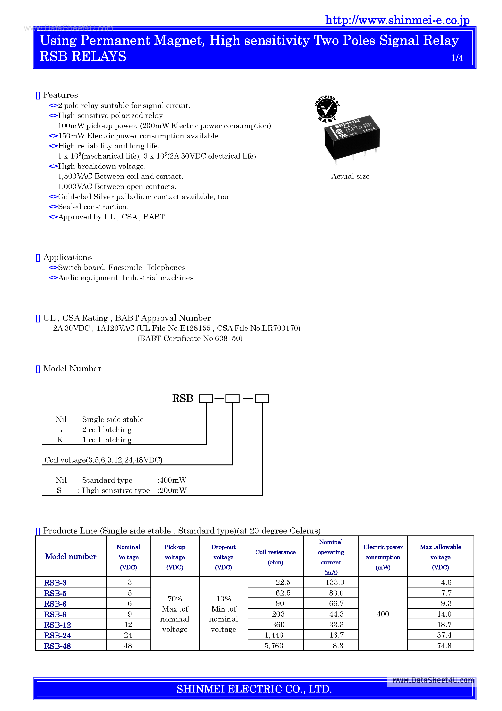 Datasheet RSB - High sensitivity Two Poles Signal Relay RSB RELAYS page 1