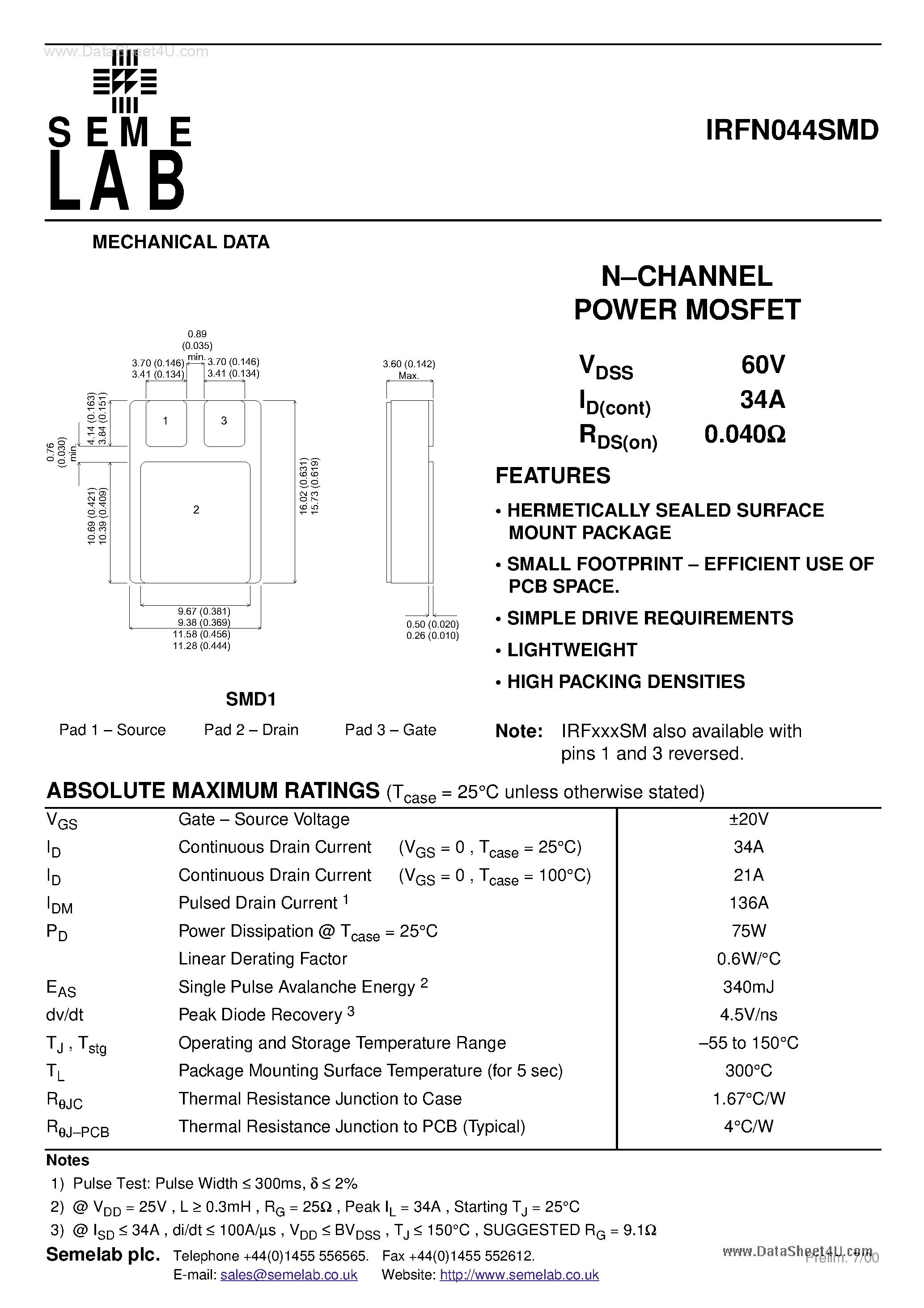 Datasheet IRFN044SMD - N-CHANNEL POWER MOSFET page 1