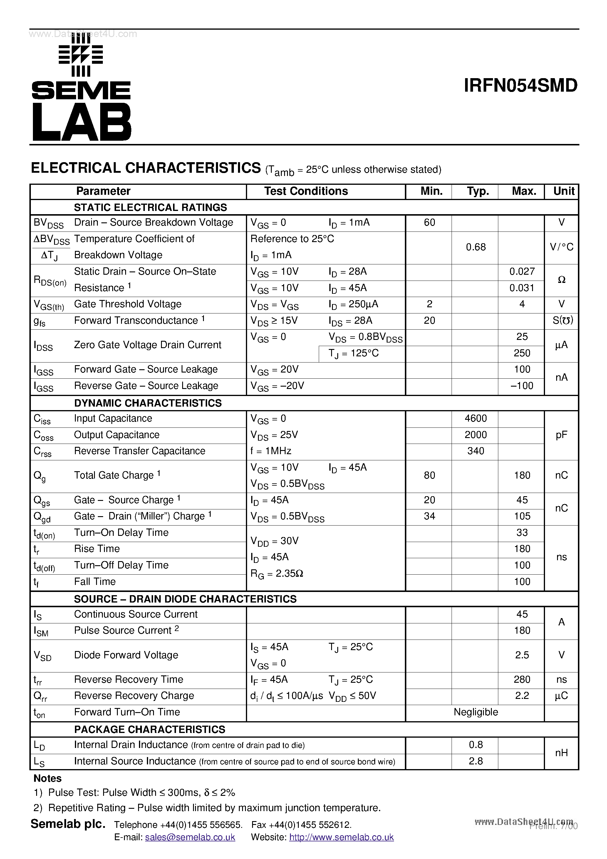Datasheet IRFN054SMD - N-CHANNEL POWER MOSFET page 2