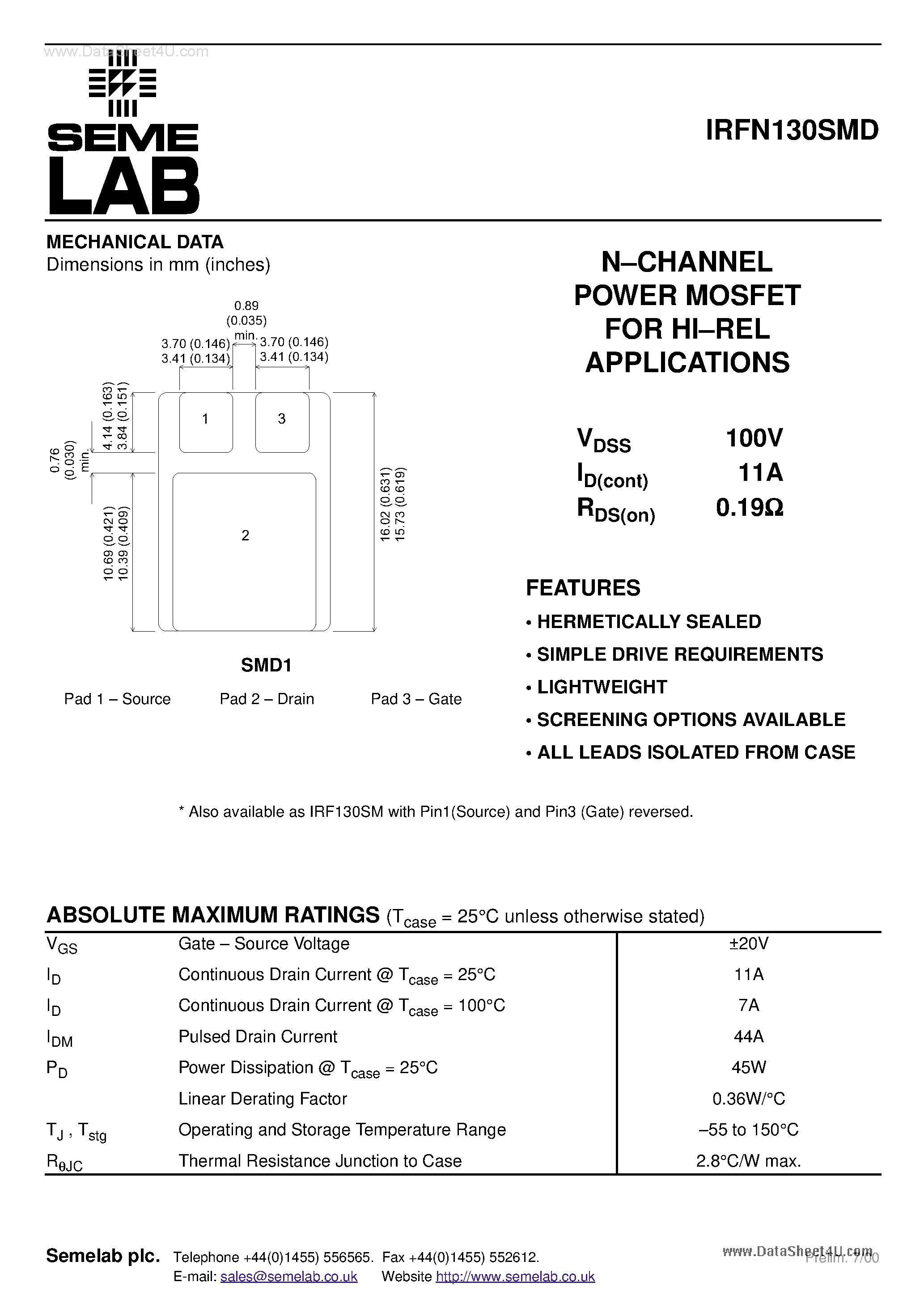 Datasheet IRFN130SMD - N-CHANNEL POWER MOSFET page 1