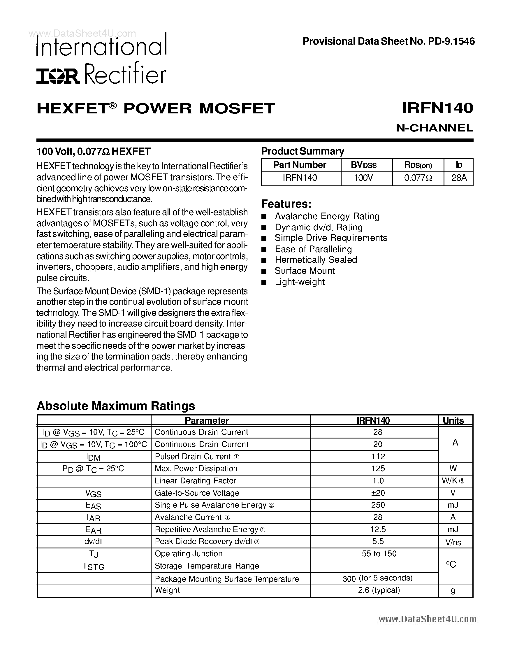 Datasheet IRFN140 - POWER MOSFET N-CHANNEL page 1