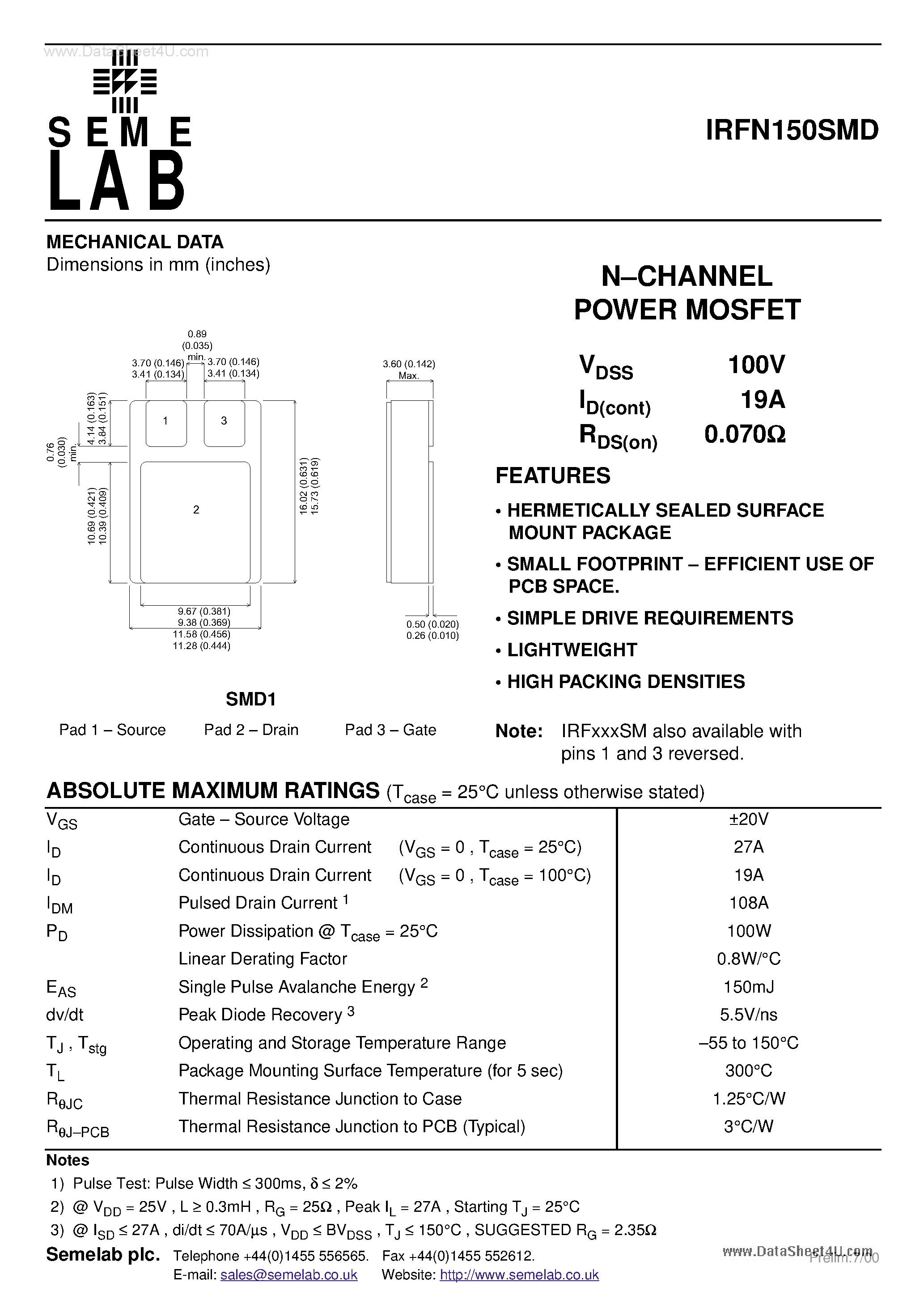 Datasheet IRFN150SMD - N-CHANNEL POWER MOSFET page 1