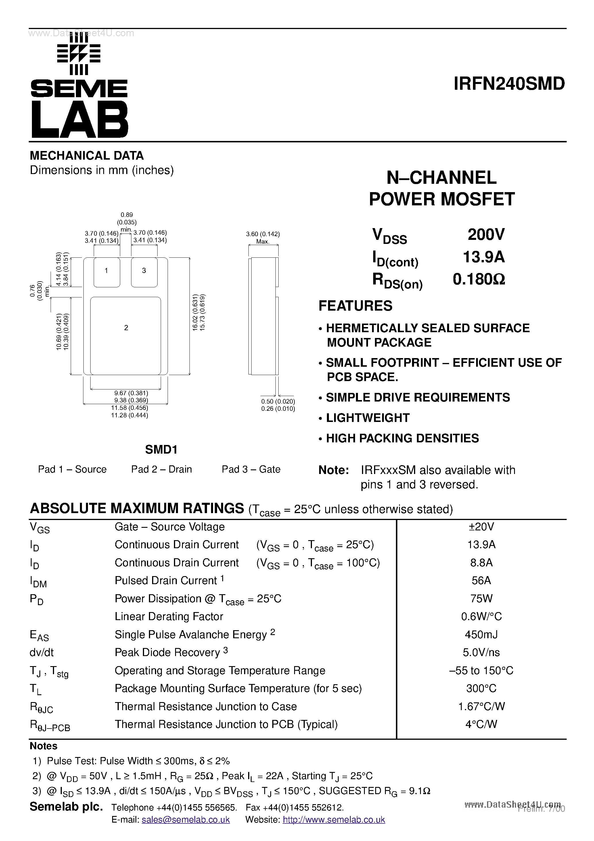 Datasheet IRFN240SMD - N-CHANNEL POWER MOSFET page 1