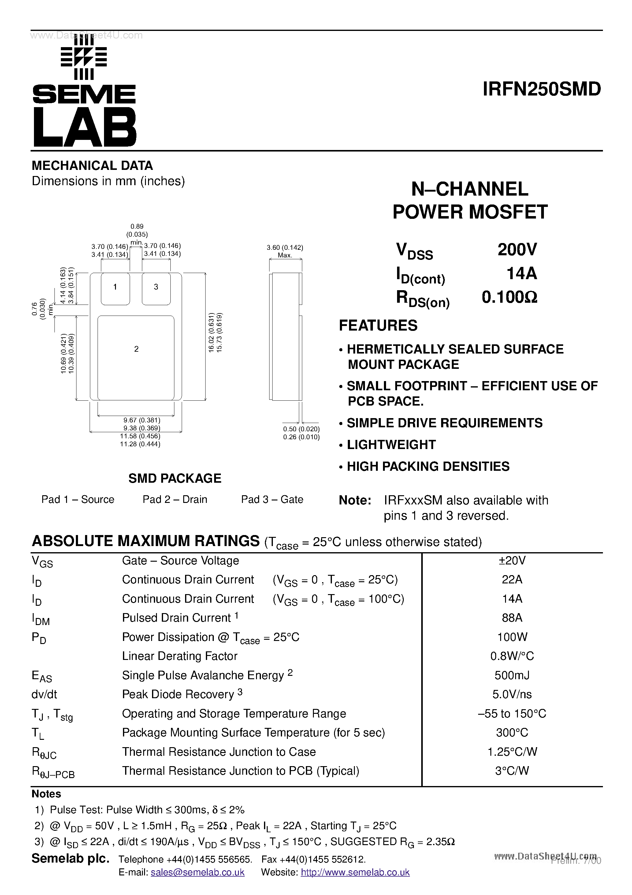 Datasheet IRFN250SMD - N-CHANNEL POWER MOSFET page 1