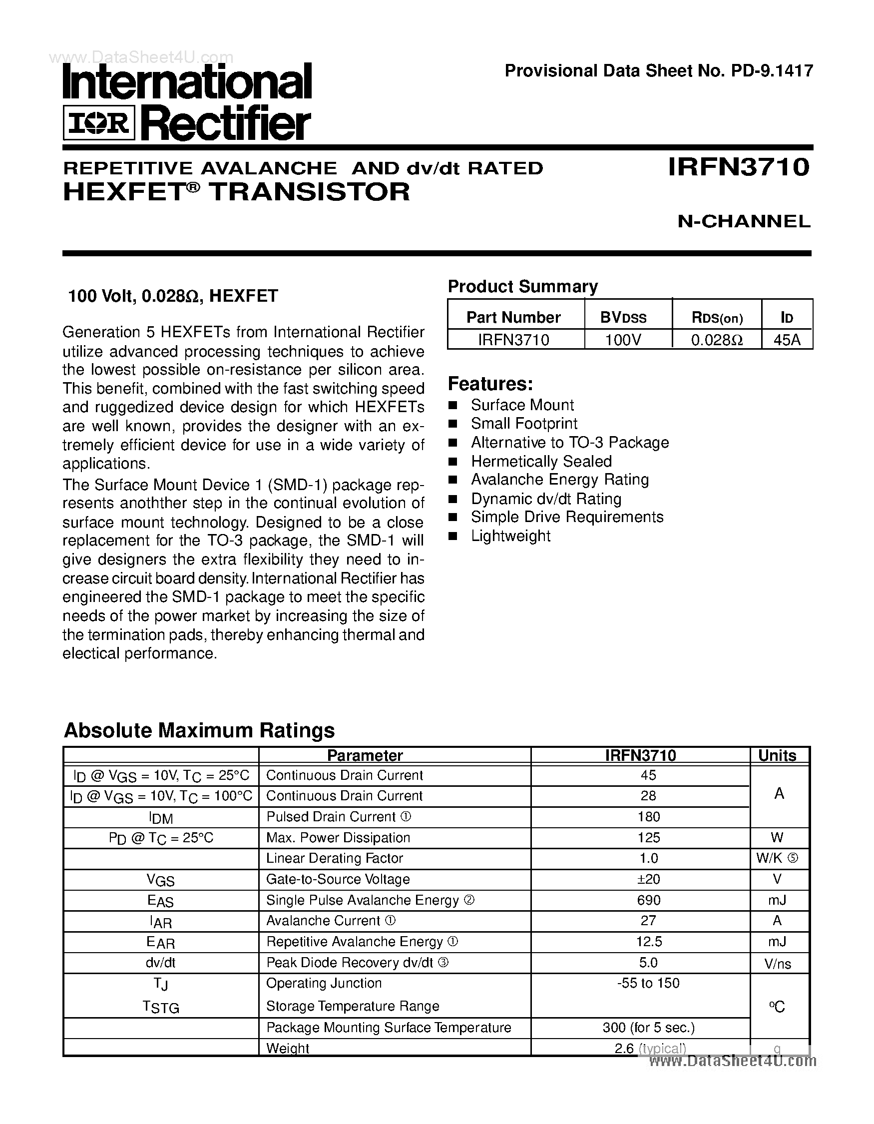 Datasheet IRFN3710 - TRANSISTOR N-CHANNEL page 1